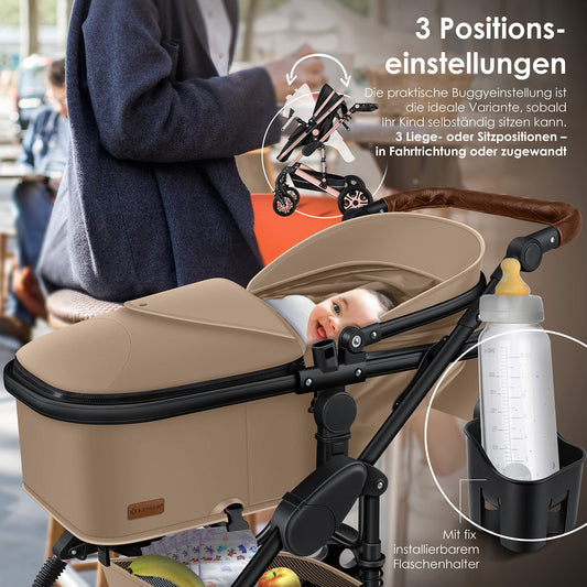 KESSER® Loops 3 in 1 Kinderwagen Kombikinderwagen Komplett-Set inkl. Babywanne & Buggy Sportsitz & Auto-Babyschale Voll-Gummireifen Wickeltasche Regenschutz Kindertisch ECE R129, Beige/Schwarz