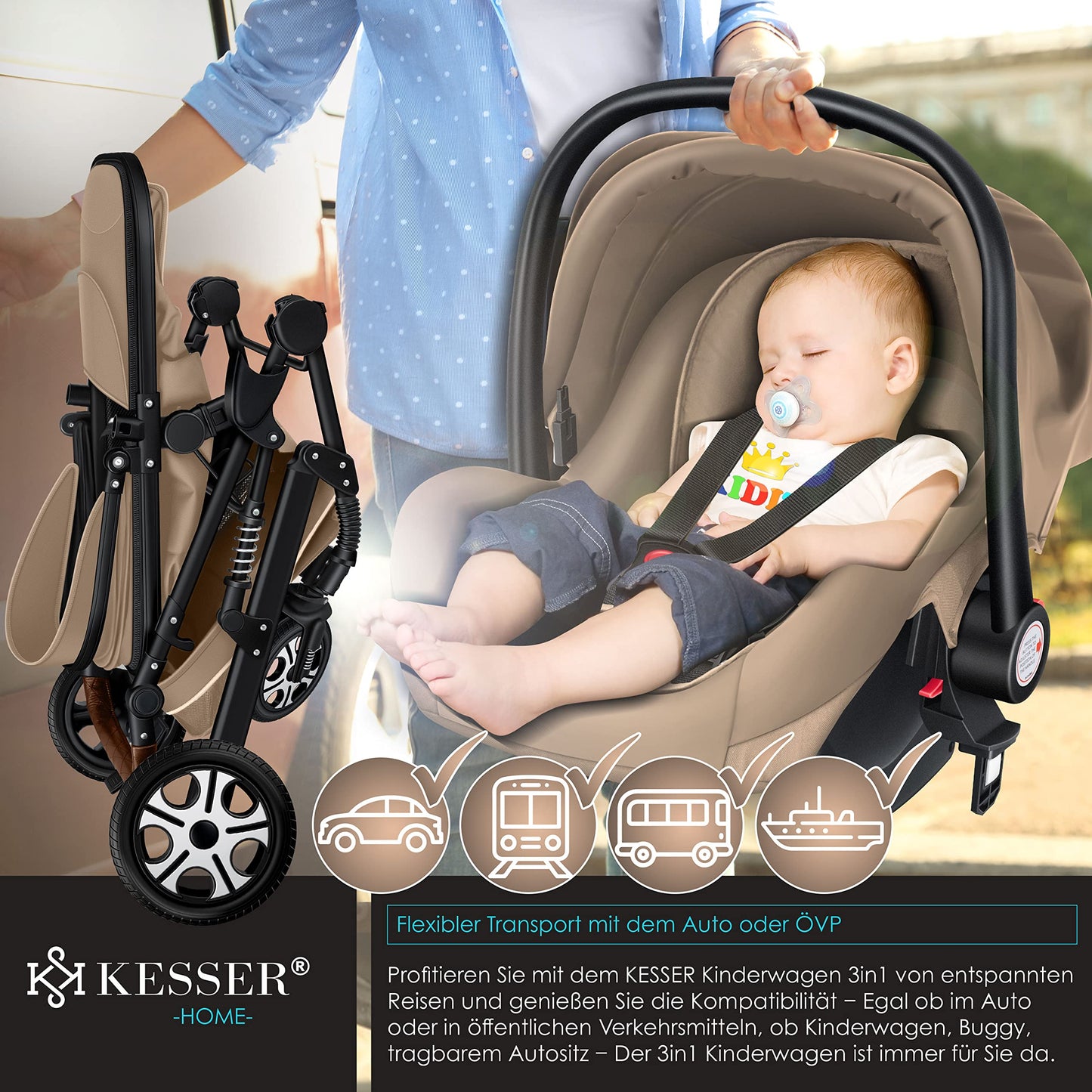 KESSER® Loops 3 in 1 Kinderwagen Kombikinderwagen Komplett-Set inkl. Babywanne & Buggy Sportsitz & Auto-Babyschale Voll-Gummireifen Wickeltasche Regenschutz Kindertisch ECE R129, Beige/Schwarz