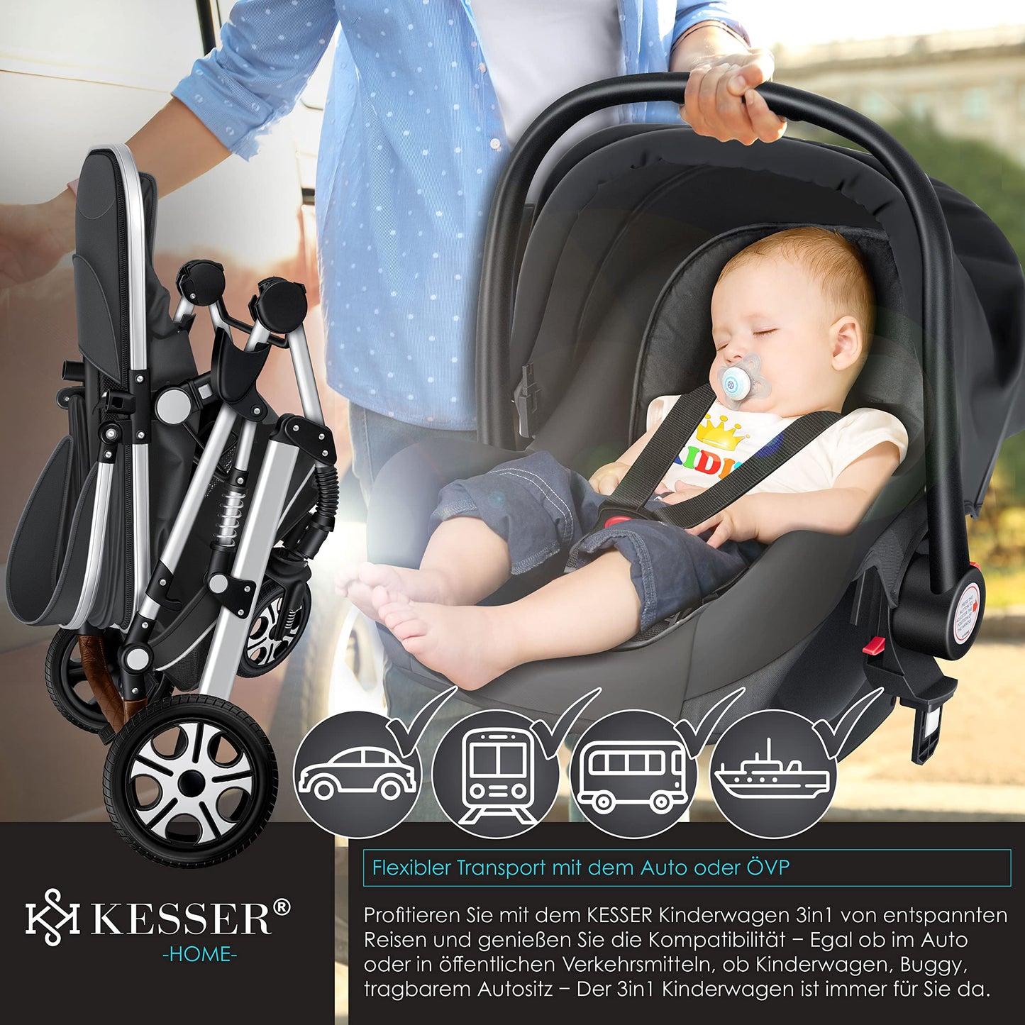 KESSER® Loops 3 in 1 Kinderwagen Kombikinderwagen Komplett-Set inkl. Babywanne & Buggy Sportsitz & Auto-Babyschale Voll-Gummireifen Wickeltasche Regenschutz Kindertisch ECE R129, Asphalt Grau/Silber