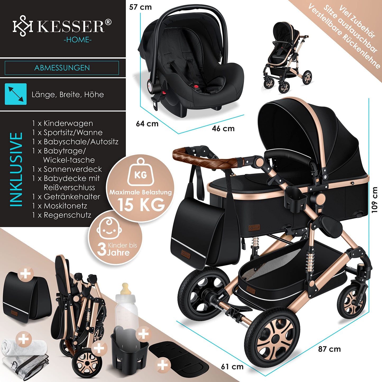 KESSER® Loops 3 in 1 Kinderwagen Kombikinderwagen Komplett-Set inkl. Babywanne & Buggy Sportsitz & Auto-Babyschale Voll-Gummireifen Wickeltasche Regenschutz Kindertisch ECE R129, Schwarz/Champagne