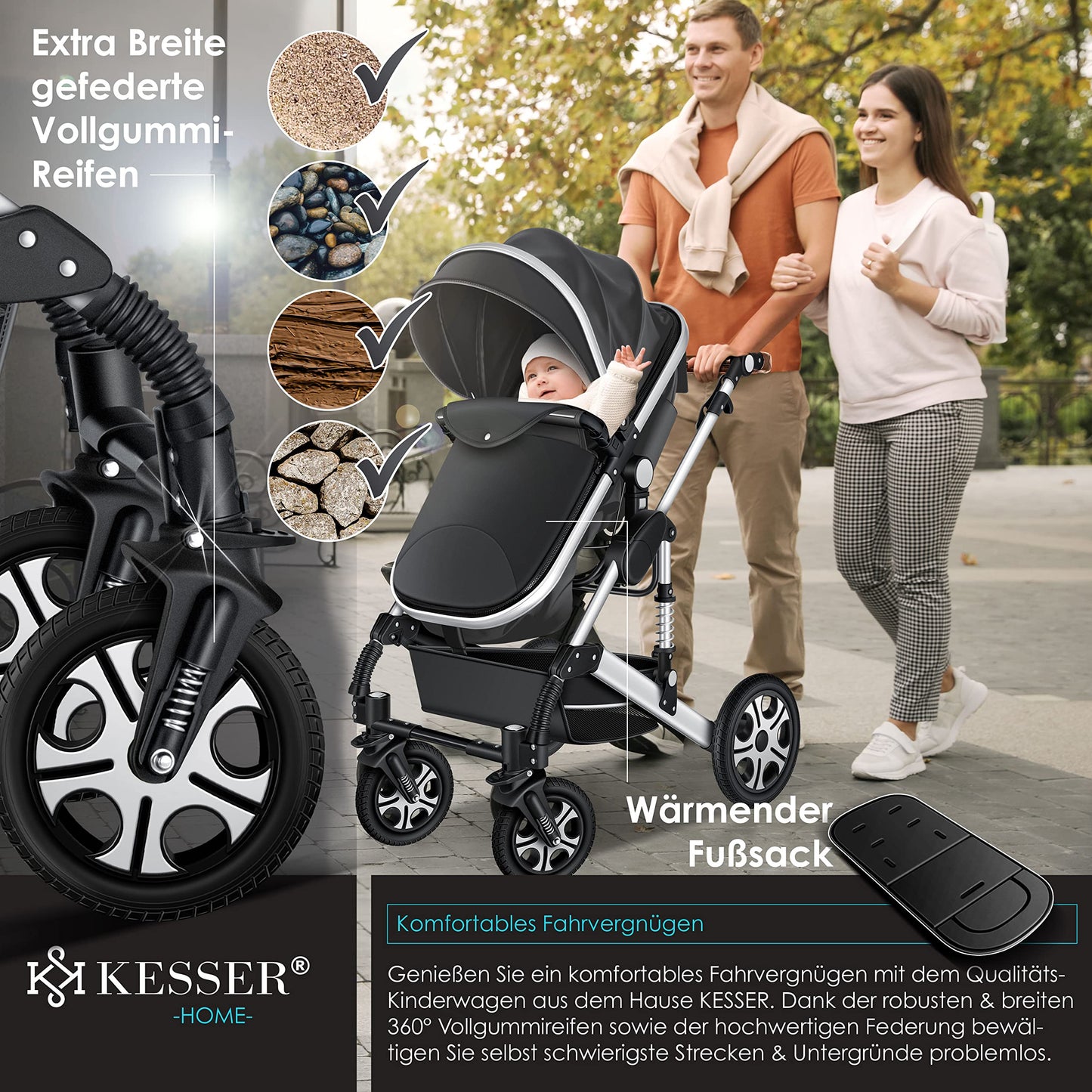 KESSER® Loops 3 in 1 Kinderwagen Kombikinderwagen Komplett-Set inkl. Babywanne & Buggy Sportsitz & Auto-Babyschale Voll-Gummireifen Wickeltasche Regenschutz Kindertisch ECE R129, Asphalt Grau/Silber