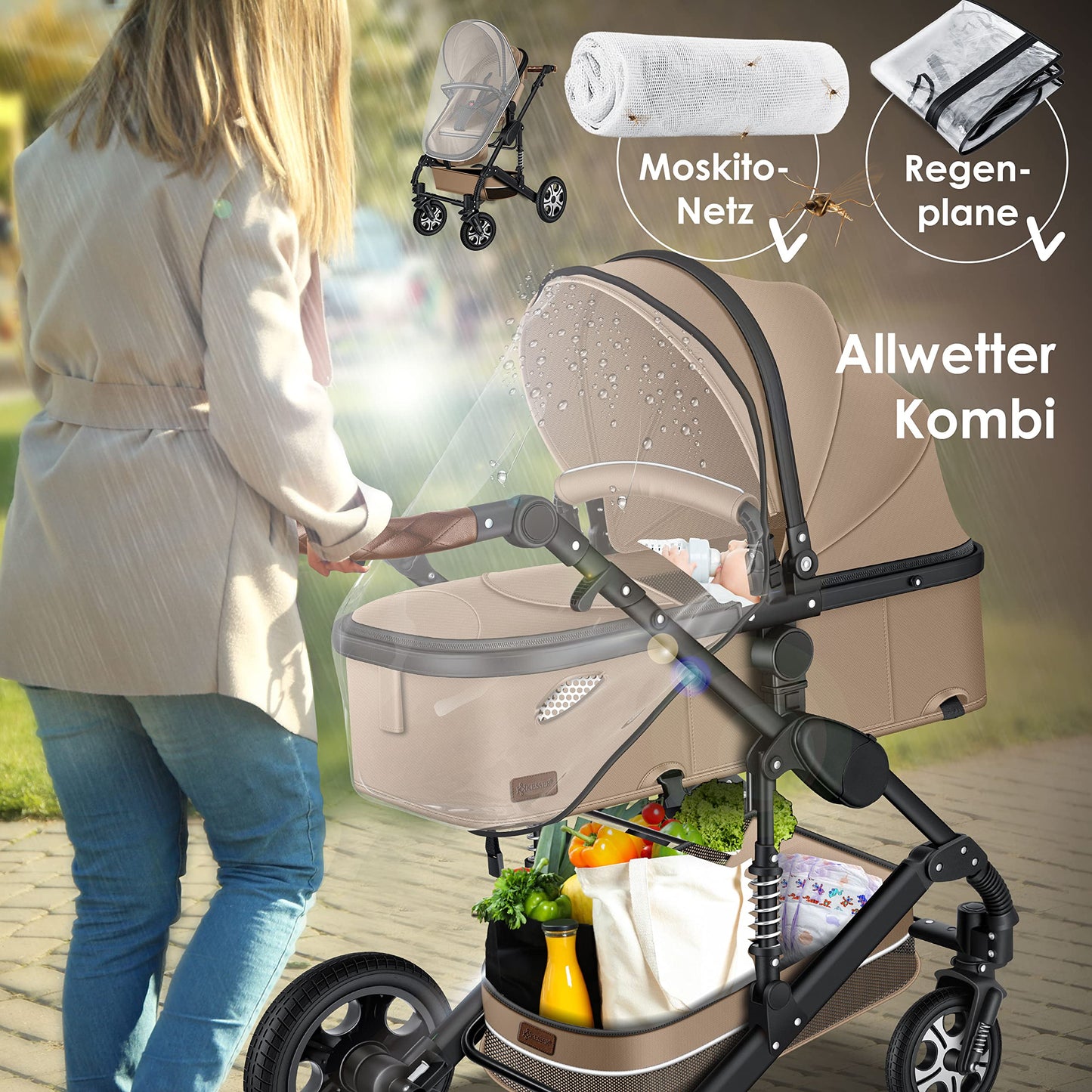 KESSER® Loops 3 in 1 Kinderwagen Kombikinderwagen Komplett-Set inkl. Babywanne & Buggy Sportsitz & Auto-Babyschale Voll-Gummireifen Wickeltasche Regenschutz Kindertisch ECE R129, Beige/Schwarz