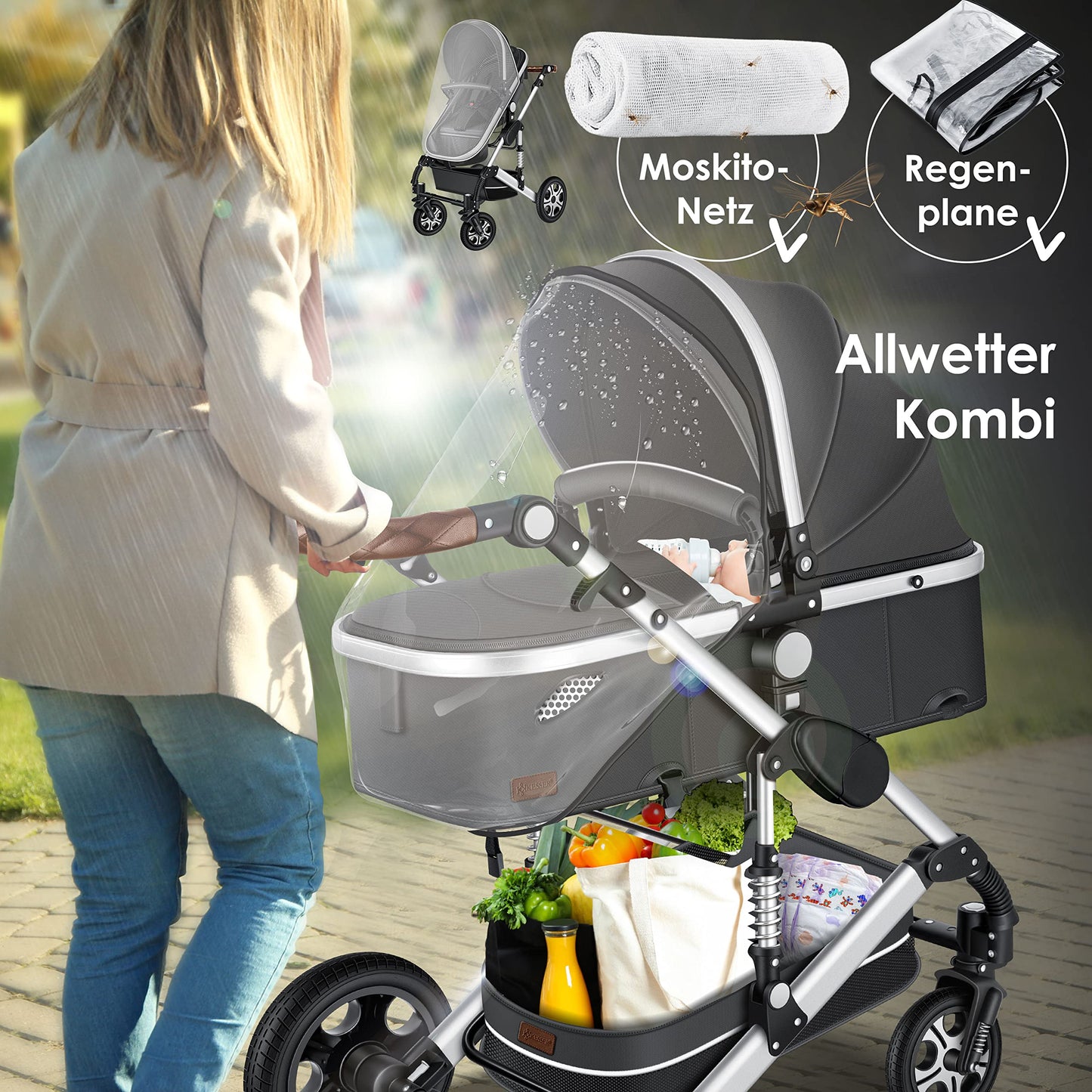KESSER® Loops 3 in 1 Kinderwagen Kombikinderwagen Komplett-Set inkl. Babywanne & Buggy Sportsitz & Auto-Babyschale Voll-Gummireifen Wickeltasche Regenschutz Kindertisch ECE R129, Asphalt Grau/Silber