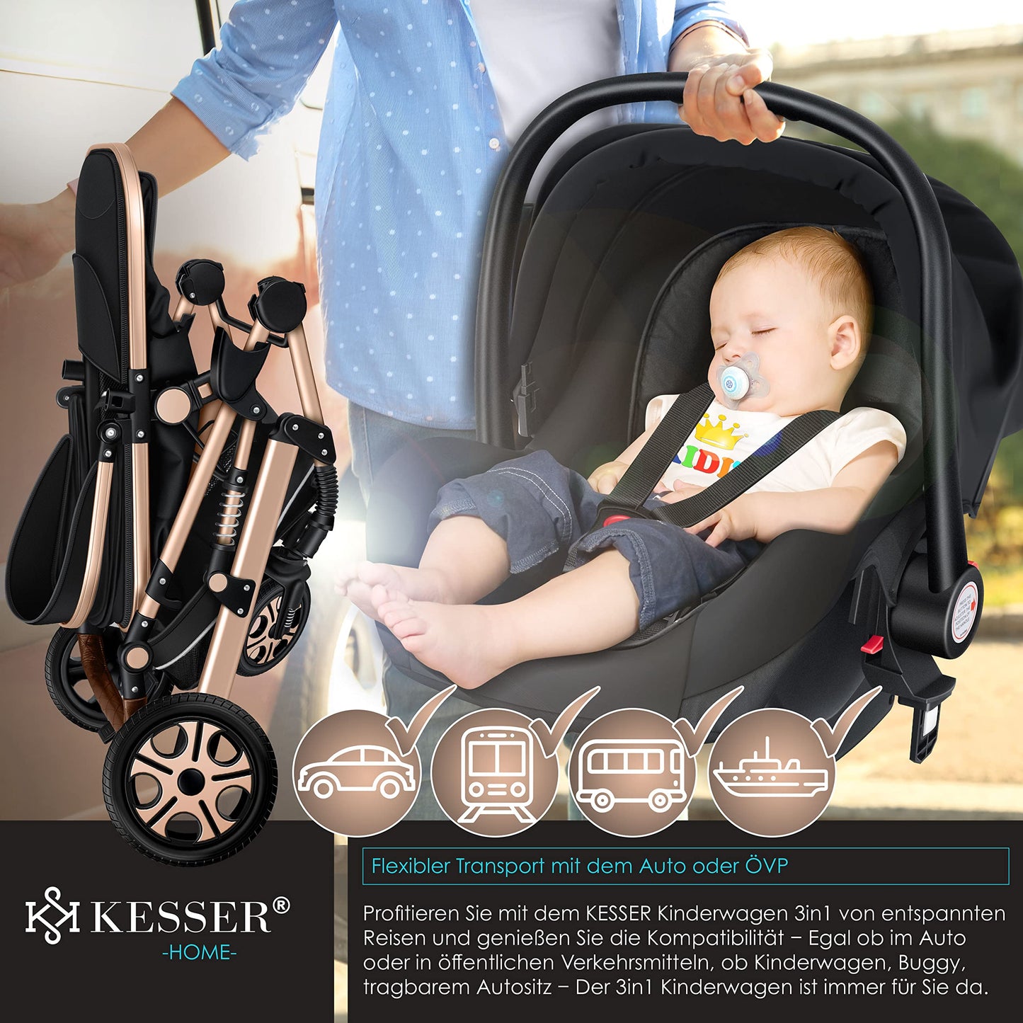 KESSER® Loops 3 in 1 Kinderwagen Kombikinderwagen Komplett-Set inkl. Babywanne & Buggy Sportsitz & Auto-Babyschale Voll-Gummireifen Wickeltasche Regenschutz Kindertisch ECE R129, Schwarz/Champagne