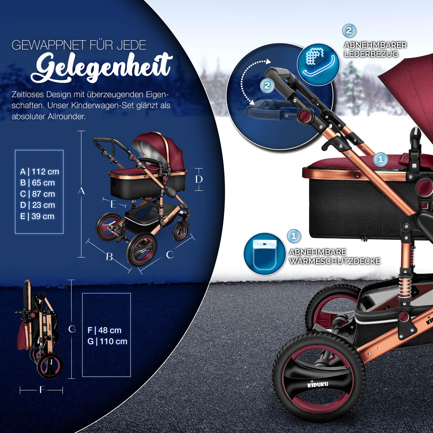 KIDUKU® 3 in 1 Kinderwagen XXL Komplettset | Kombikinderwagen Set inkl. Babywanne Buggy Sportsitz & Auto-Babyschale Fußsack | Vollgummireifen Wickeltasche Handwärmer Regenschutz Kindertisch ECE R129
