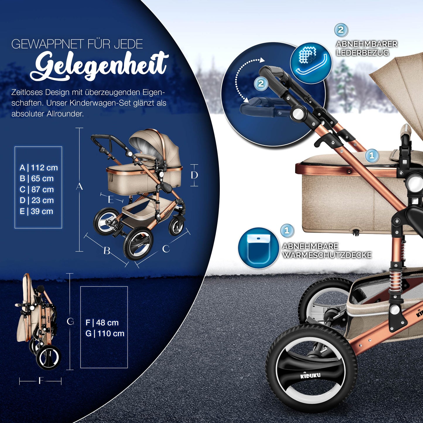KIDUKU® 3 in 1 Kinderwagen XXL Komplettset | Kombikinderwagen Set inkl. Babywanne Buggy Sportsitz & Auto-Babyschale Fußsack | Vollgummireifen Wickeltasche Handwärmer Regenschutz Kindertisch ECE R129