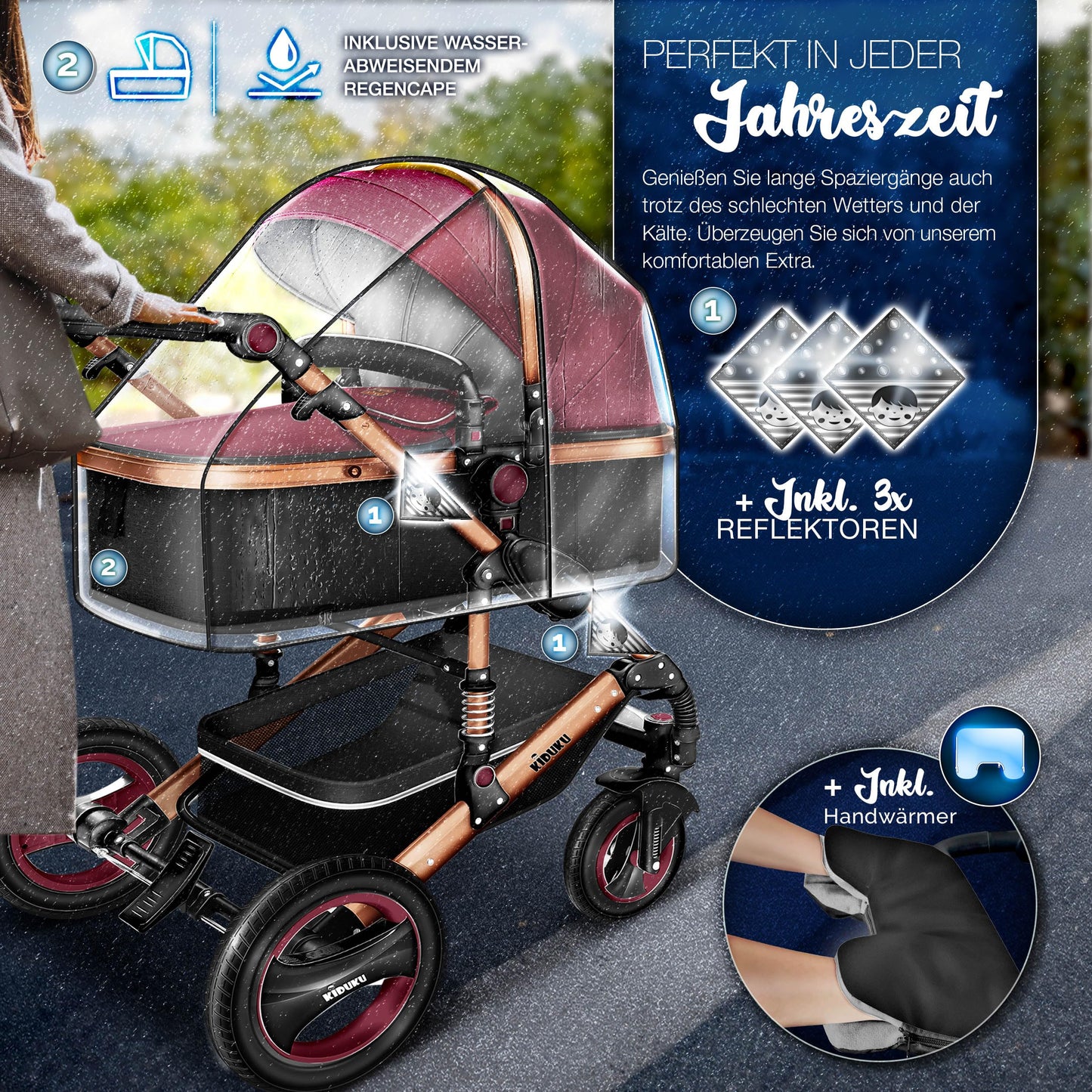 KIDUKU® 3 in 1 Kinderwagen XXL Komplettset | Kombikinderwagen Set inkl. Babywanne Buggy Sportsitz & Auto-Babyschale Fußsack | Vollgummireifen Wickeltasche Handwärmer Regenschutz Kindertisch ECE R129