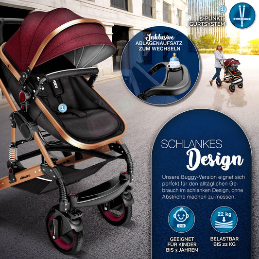 KIDUKU® 3 in 1 Kinderwagen XXL Komplettset | Kombikinderwagen Set inkl. Babywanne Buggy Sportsitz & Auto-Babyschale Fußsack | Vollgummireifen Wickeltasche Handwärmer Regenschutz Kindertisch ECE R129