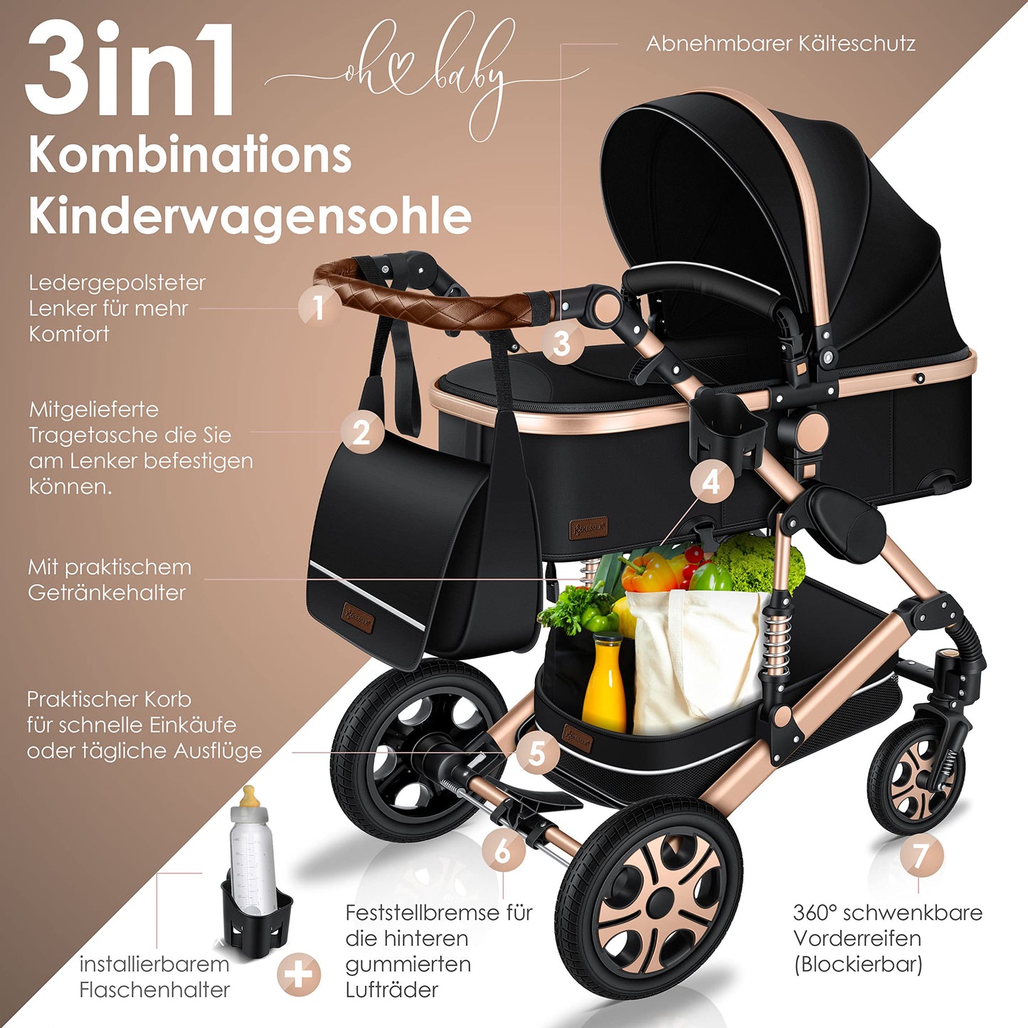 KESSER® Loops 3 in 1 Kinderwagen Kombikinderwagen Komplett-Set inkl. Babywanne & Buggy Sportsitz & Auto-Babyschale Voll-Gummireifen Wickeltasche Regenschutz Kindertisch ECE R129, Schwarz/Champagne