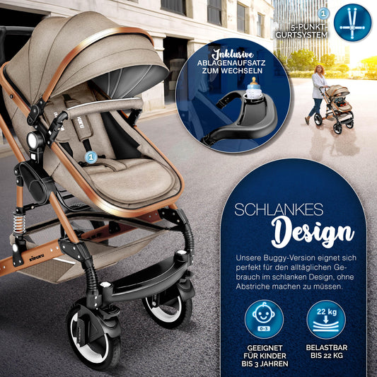 KIDUKU® 3 in 1 Kinderwagen XXL Komplettset | Kombikinderwagen Set inkl. Babywanne Buggy Sportsitz & Auto-Babyschale Fußsack | Vollgummireifen Wickeltasche Handwärmer Regenschutz Kindertisch ECE R129