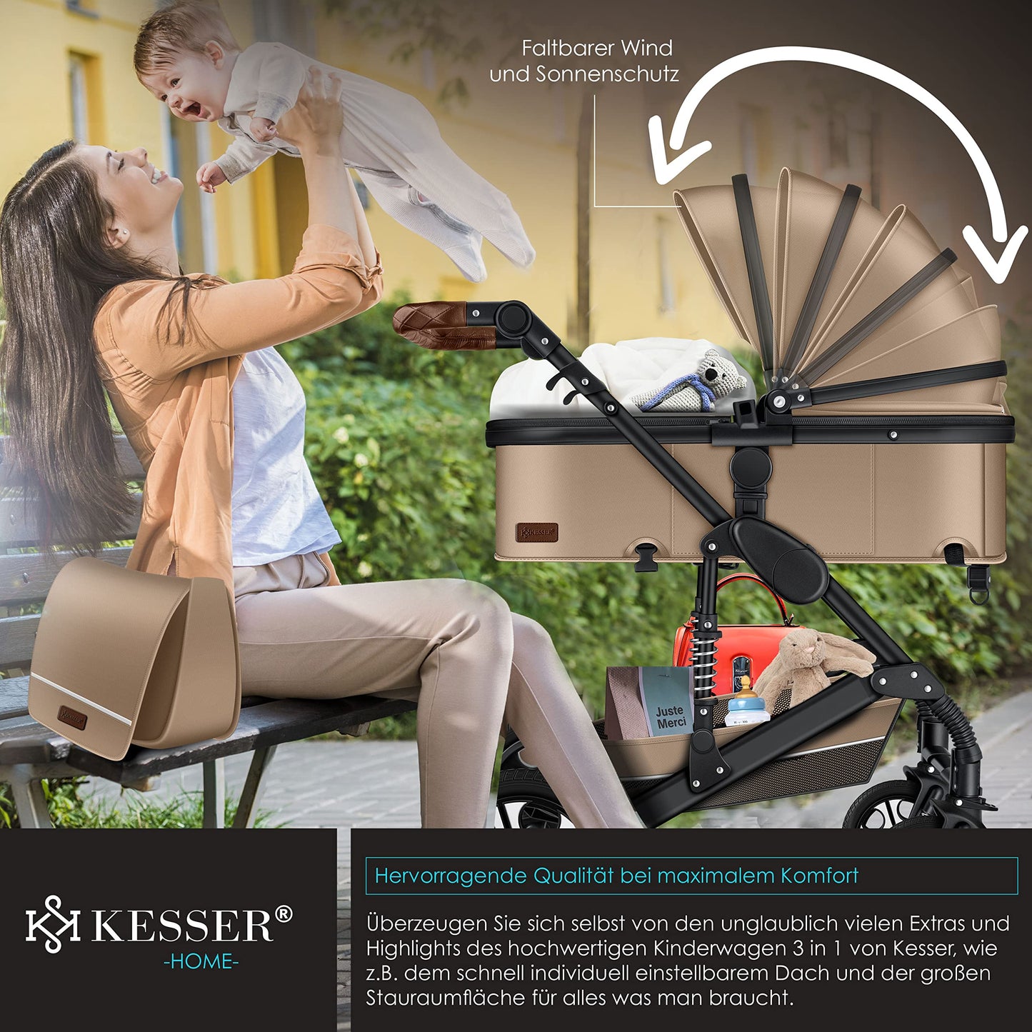 KESSER® Loops 3 in 1 Kinderwagen Kombikinderwagen Komplett-Set inkl. Babywanne & Buggy Sportsitz & Auto-Babyschale Voll-Gummireifen Wickeltasche Regenschutz Kindertisch ECE R129, Beige/Schwarz