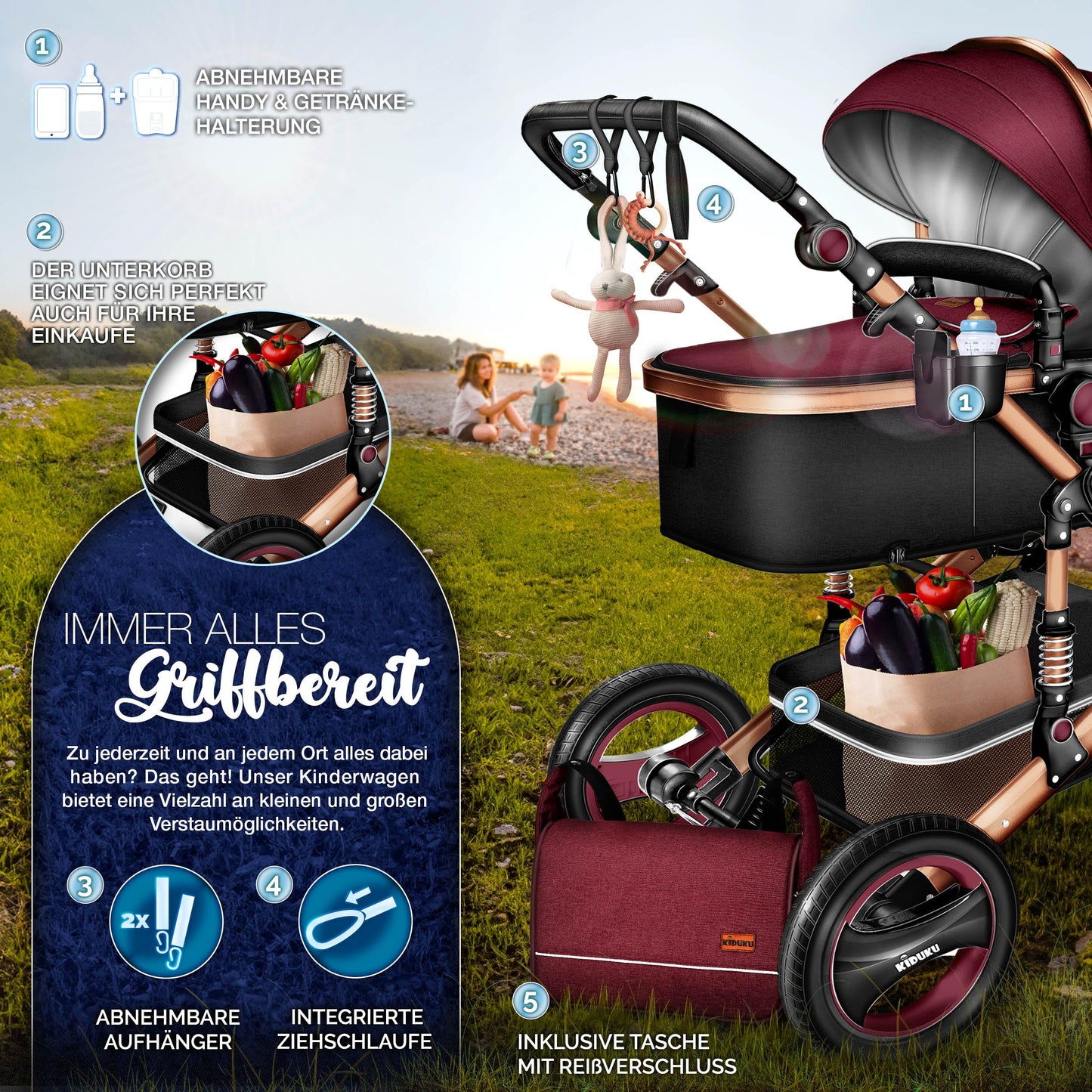 KIDUKU® 3 in 1 Kinderwagen XXL Komplettset | Kombikinderwagen Set inkl. Babywanne Buggy Sportsitz & Auto-Babyschale Fußsack | Vollgummireifen Wickeltasche Handwärmer Regenschutz Kindertisch ECE R129