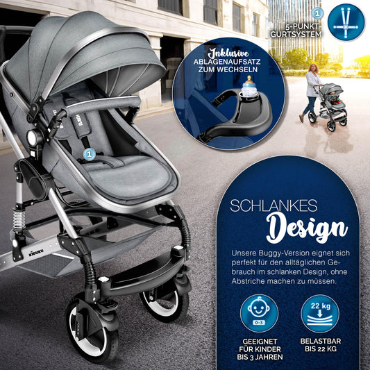 KIDUKU® 3 in 1 Kinderwagen XXL Komplettset | Kombikinderwagen Set inkl. Babywanne Buggy Sportsitz & Auto-Babyschale Fußsack | Vollgummireifen Wickeltasche Handwärmer Regenschutz Kindertisch ECE R129