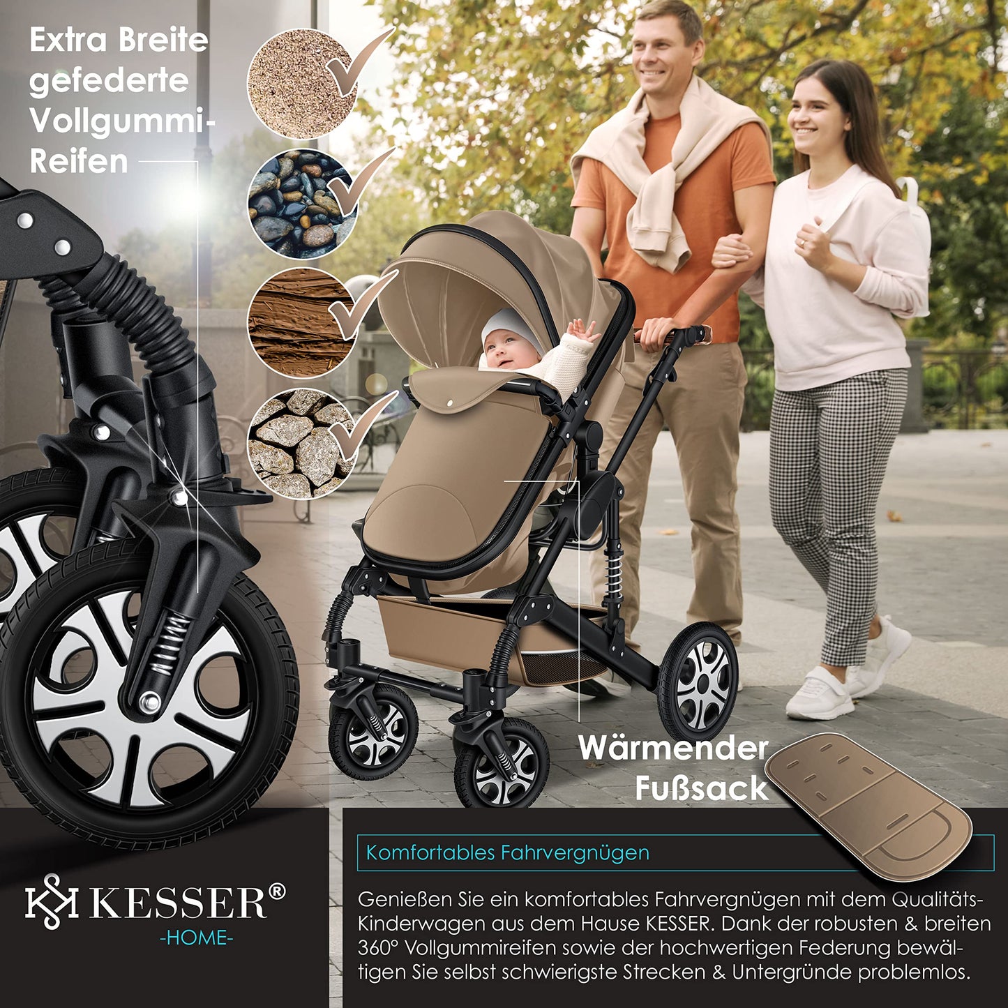 KESSER® Loops 3 in 1 Kinderwagen Kombikinderwagen Komplett-Set inkl. Babywanne & Buggy Sportsitz & Auto-Babyschale Voll-Gummireifen Wickeltasche Regenschutz Kindertisch ECE R129, Beige/Schwarz