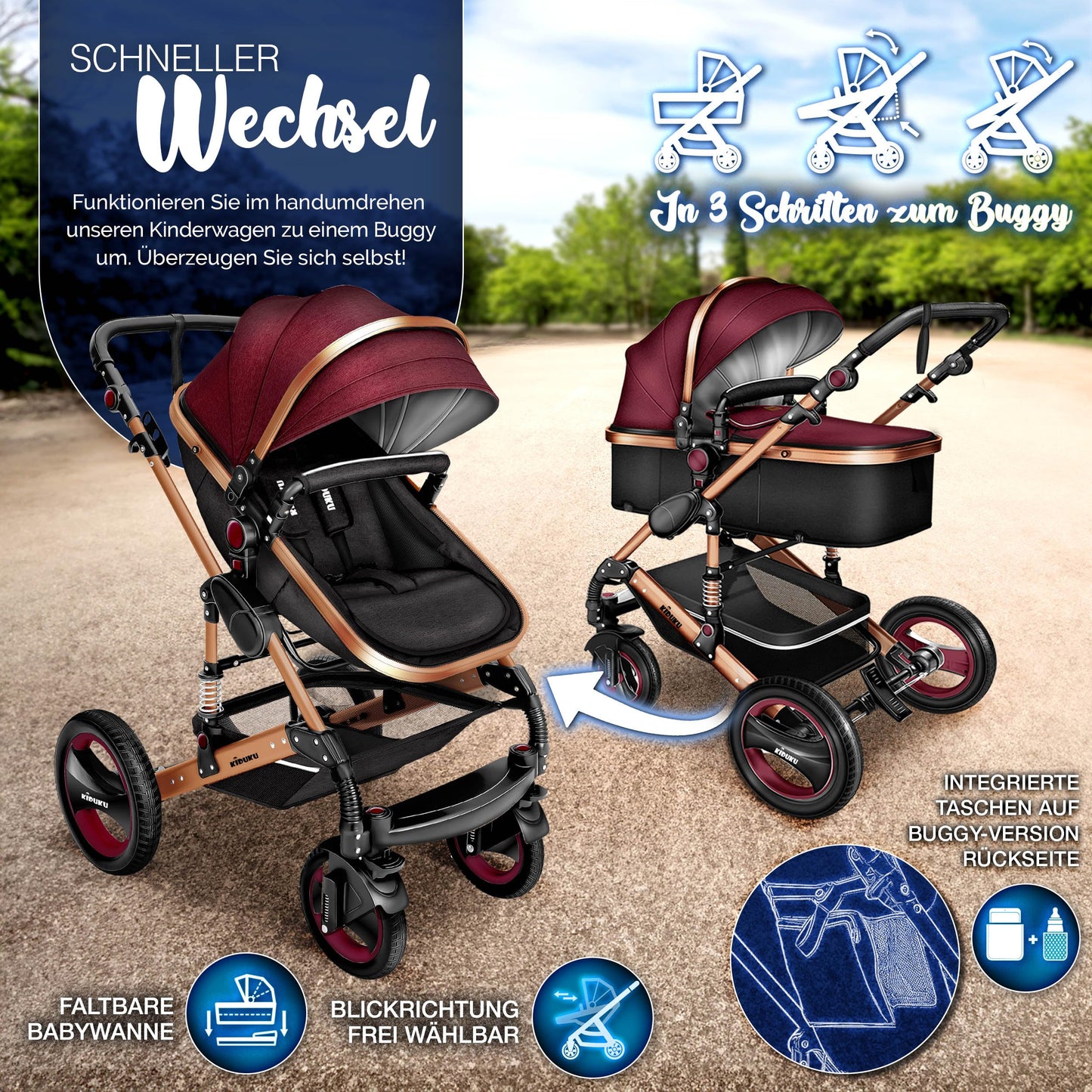 KIDUKU® 3 in 1 Kinderwagen XXL Komplettset | Kombikinderwagen Set inkl. Babywanne Buggy Sportsitz & Auto-Babyschale Fußsack | Vollgummireifen Wickeltasche Handwärmer Regenschutz Kindertisch ECE R129