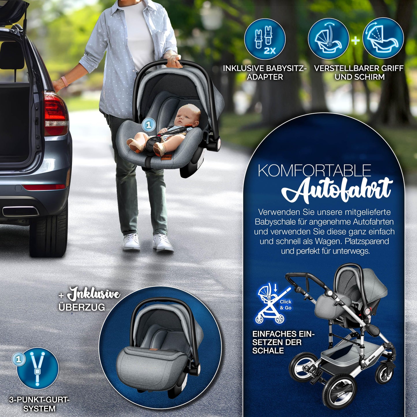 KIDUKU® 3 in 1 Kinderwagen XXL Komplettset | Kombikinderwagen Set inkl. Babywanne Buggy Sportsitz & Auto-Babyschale Fußsack | Vollgummireifen Wickeltasche Handwärmer Regenschutz Kindertisch ECE R129