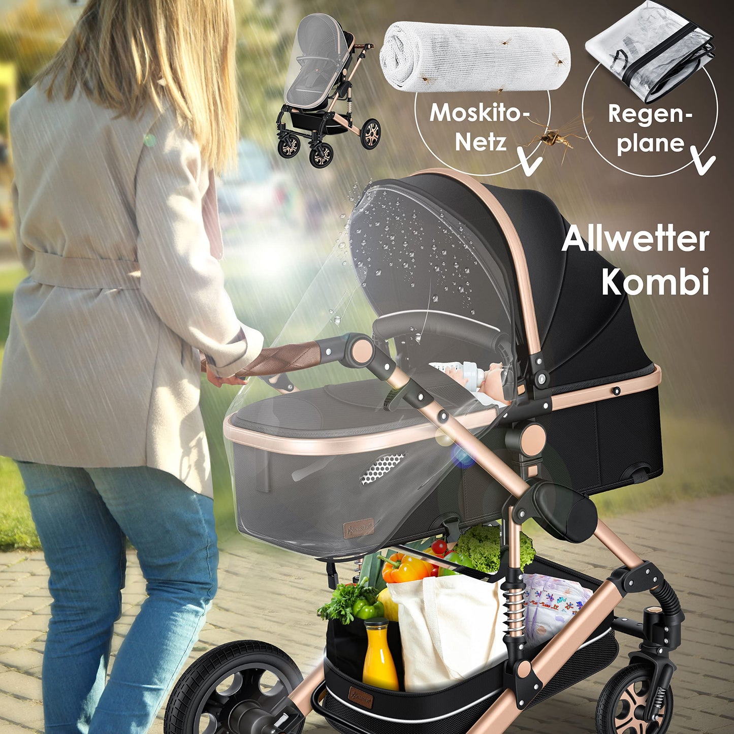 KESSER® Loops 3 in 1 Kinderwagen Kombikinderwagen Komplett-Set inkl. Babywanne & Buggy Sportsitz & Auto-Babyschale Voll-Gummireifen Wickeltasche Regenschutz Kindertisch ECE R129, Schwarz/Champagne