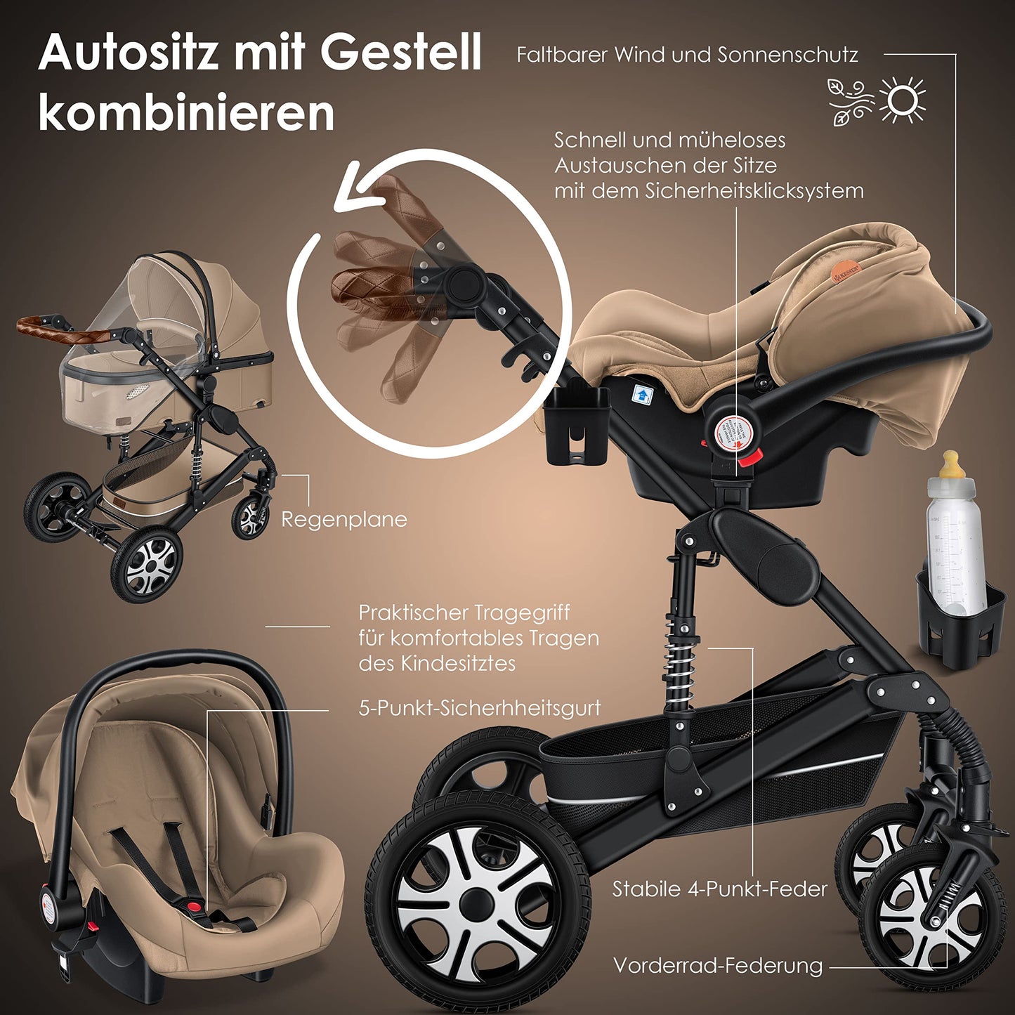 KESSER® Loops 3 in 1 Kinderwagen Kombikinderwagen Komplett-Set inkl. Babywanne & Buggy Sportsitz & Auto-Babyschale Voll-Gummireifen Wickeltasche Regenschutz Kindertisch ECE R129, Beige/Schwarz