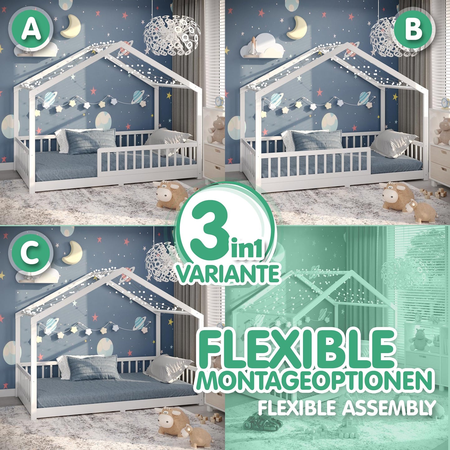 CADANI Malte Hausbett 120x200 cm Weiß, Montessori Bodenbett Rausfallschutz abnehmbar, Kinderbett Umbaubar inkl. Roll-Lattenrost, bis 200 kg belastbar