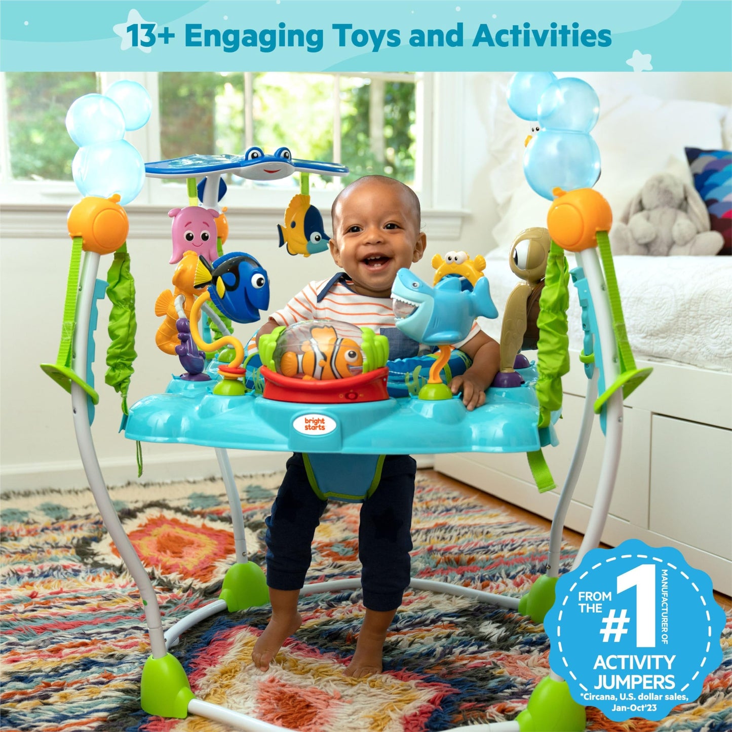 Bright Starts, Disney Baby, Findet Nemo Spring- und Spielcenter mit Spielstation mit Lichtern und Musik, 13 Aktivität Spielzeug, 360° drehender Sitz, höhenverstellbares, Kinder ab 6 Monaten