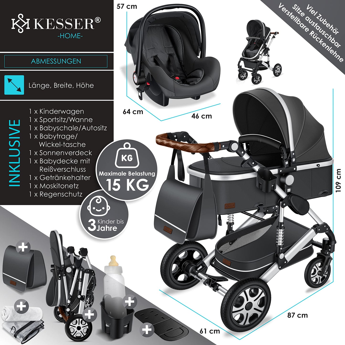 KESSER® Loops 3 in 1 Kinderwagen Kombikinderwagen Komplett-Set inkl. Babywanne & Buggy Sportsitz & Auto-Babyschale Voll-Gummireifen Wickeltasche Regenschutz Kindertisch ECE R129, Asphalt Grau/Silber