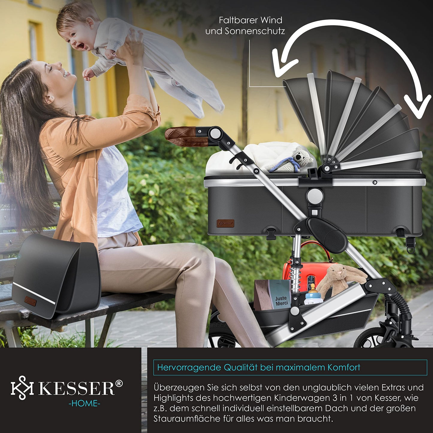 KESSER® Loops 3 in 1 Kinderwagen Kombikinderwagen Komplett-Set inkl. Babywanne & Buggy Sportsitz & Auto-Babyschale Voll-Gummireifen Wickeltasche Regenschutz Kindertisch ECE R129, Asphalt Grau/Silber