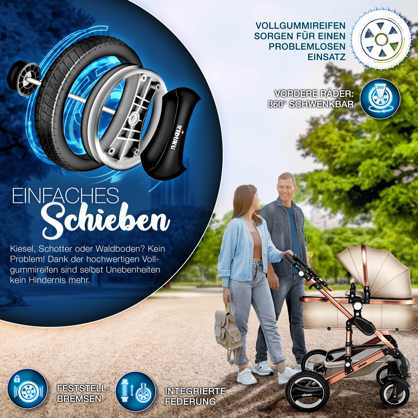 KIDUKU® 3 in 1 Kinderwagen XXL Komplettset | Kombikinderwagen Set inkl. Babywanne Buggy Sportsitz & Auto-Babyschale Fußsack | Vollgummireifen Wickeltasche Handwärmer Regenschutz Kindertisch ECE R129