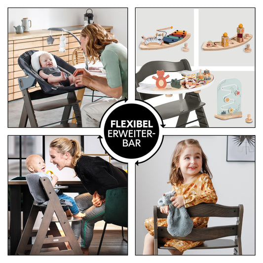 hauck Hochstuhl Alpha+ inkl. Tablett & Sitzpolster - Mitwachsender Babystuhl aus Holz, Kinderhochstuhl ab 6 Monate, verstellbar - Charcoal