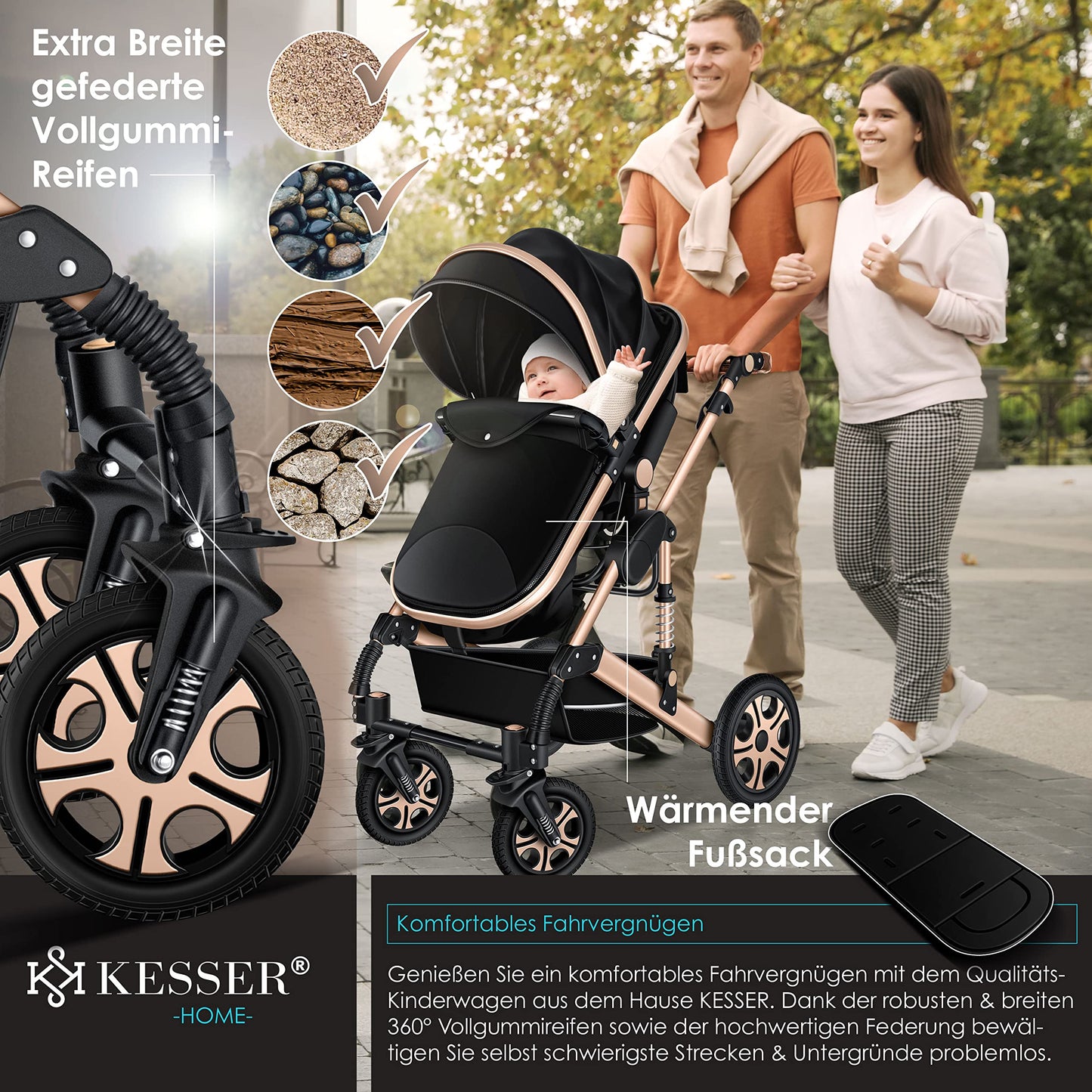 KESSER® Loops 3 in 1 Kinderwagen Kombikinderwagen Komplett-Set inkl. Babywanne & Buggy Sportsitz & Auto-Babyschale Voll-Gummireifen Wickeltasche Regenschutz Kindertisch ECE R129, Schwarz/Champagne