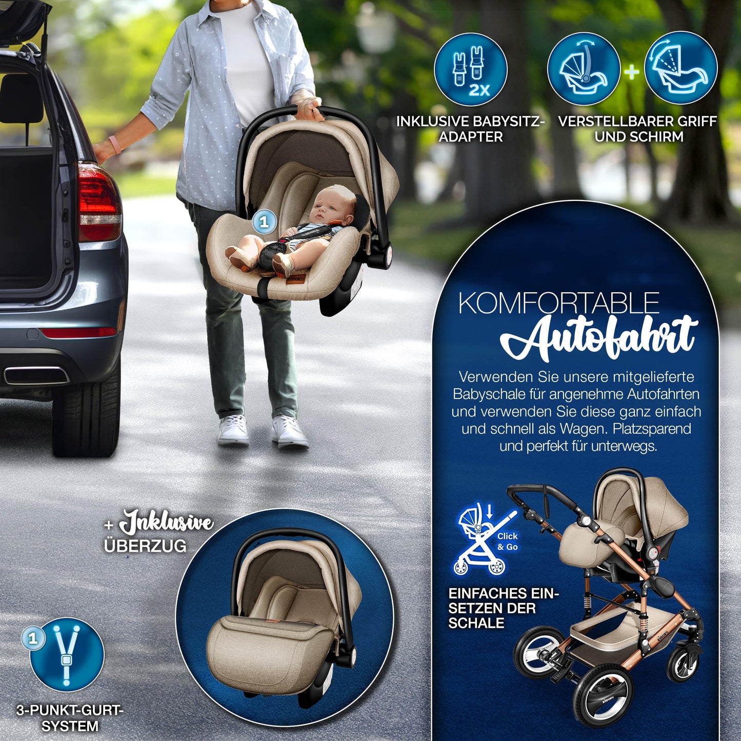 KIDUKU® 3 in 1 Kinderwagen XXL Komplettset | Kombikinderwagen Set inkl. Babywanne Buggy Sportsitz & Auto-Babyschale Fußsack | Vollgummireifen Wickeltasche Handwärmer Regenschutz Kindertisch ECE R129