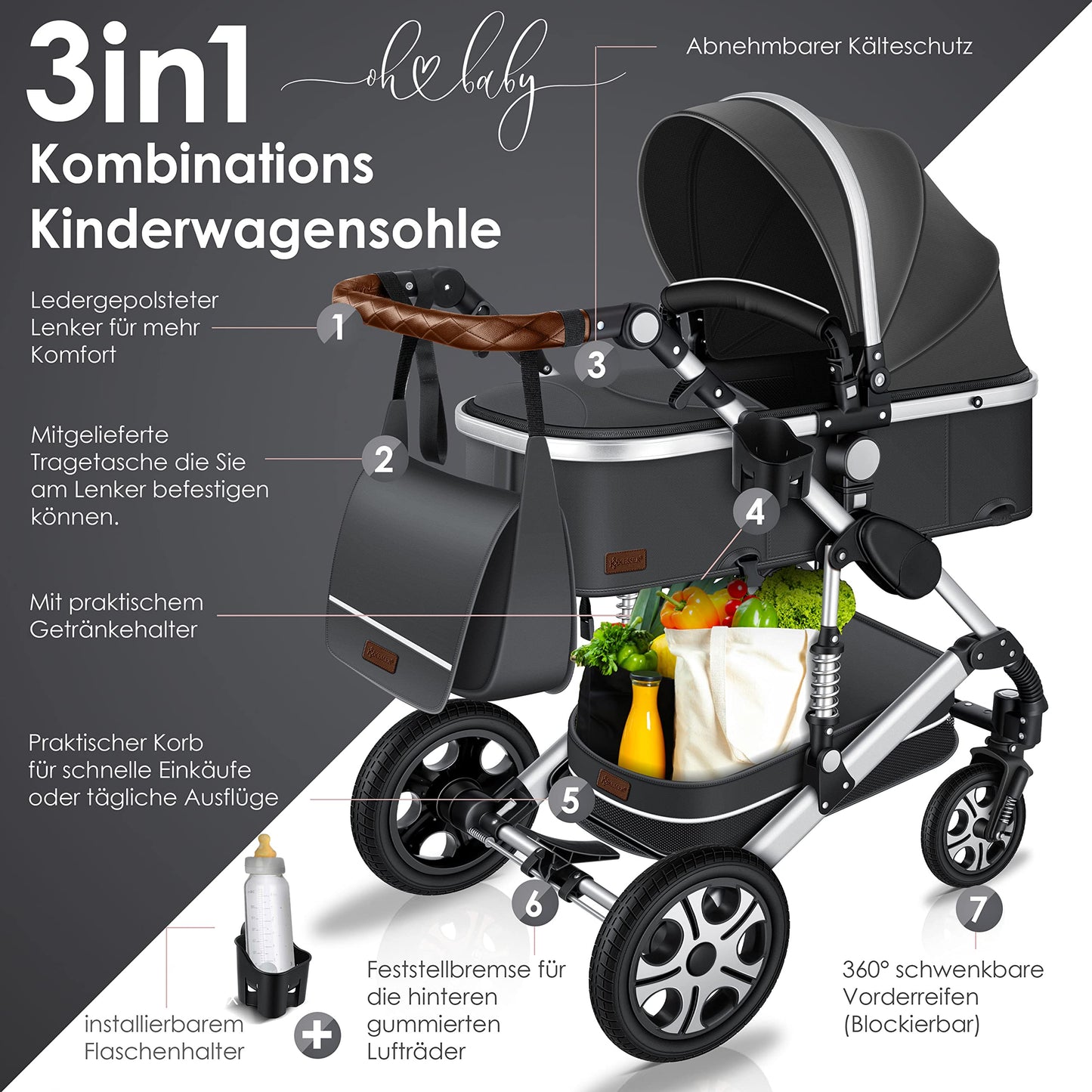 KESSER® Loops 3 in 1 Kinderwagen Kombikinderwagen Komplett-Set inkl. Babywanne & Buggy Sportsitz & Auto-Babyschale Voll-Gummireifen Wickeltasche Regenschutz Kindertisch ECE R129, Asphalt Grau/Silber