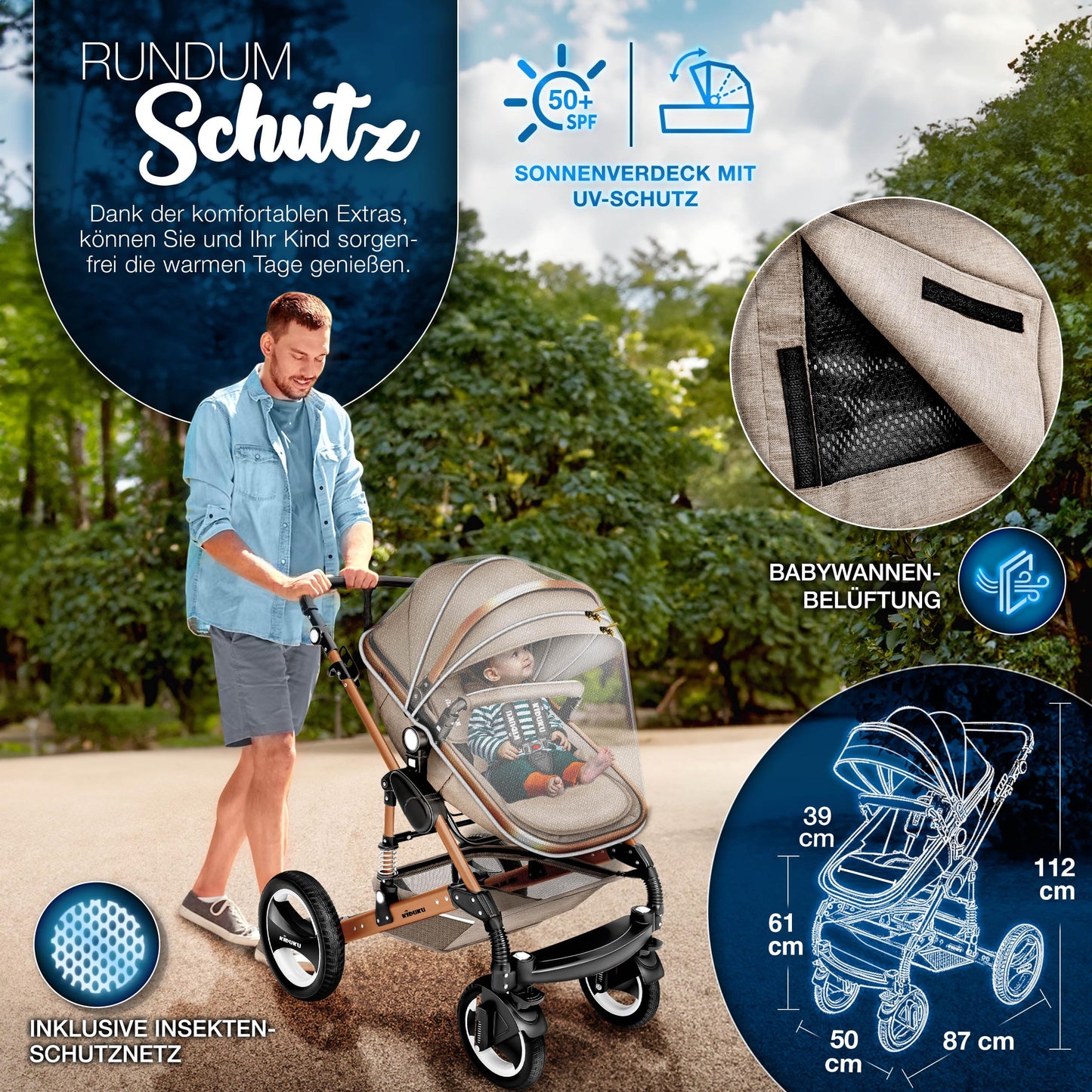 KIDUKU® 3 in 1 Kinderwagen XXL Komplettset | Kombikinderwagen Set inkl. Babywanne Buggy Sportsitz & Auto-Babyschale Fußsack | Vollgummireifen Wickeltasche Handwärmer Regenschutz Kindertisch ECE R129