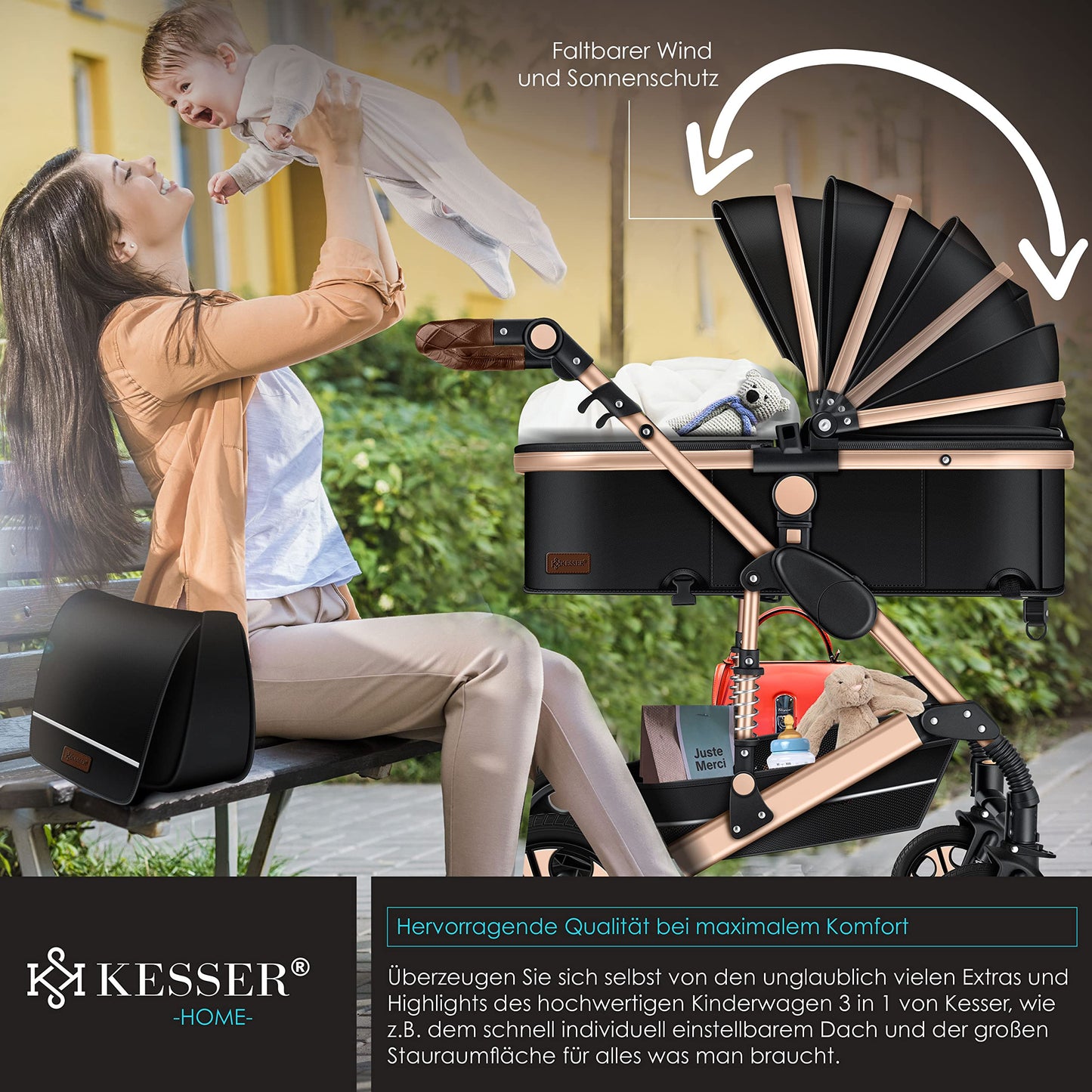 KESSER® Loops 3 in 1 Kinderwagen Kombikinderwagen Komplett-Set inkl. Babywanne & Buggy Sportsitz & Auto-Babyschale Voll-Gummireifen Wickeltasche Regenschutz Kindertisch ECE R129, Schwarz/Champagne