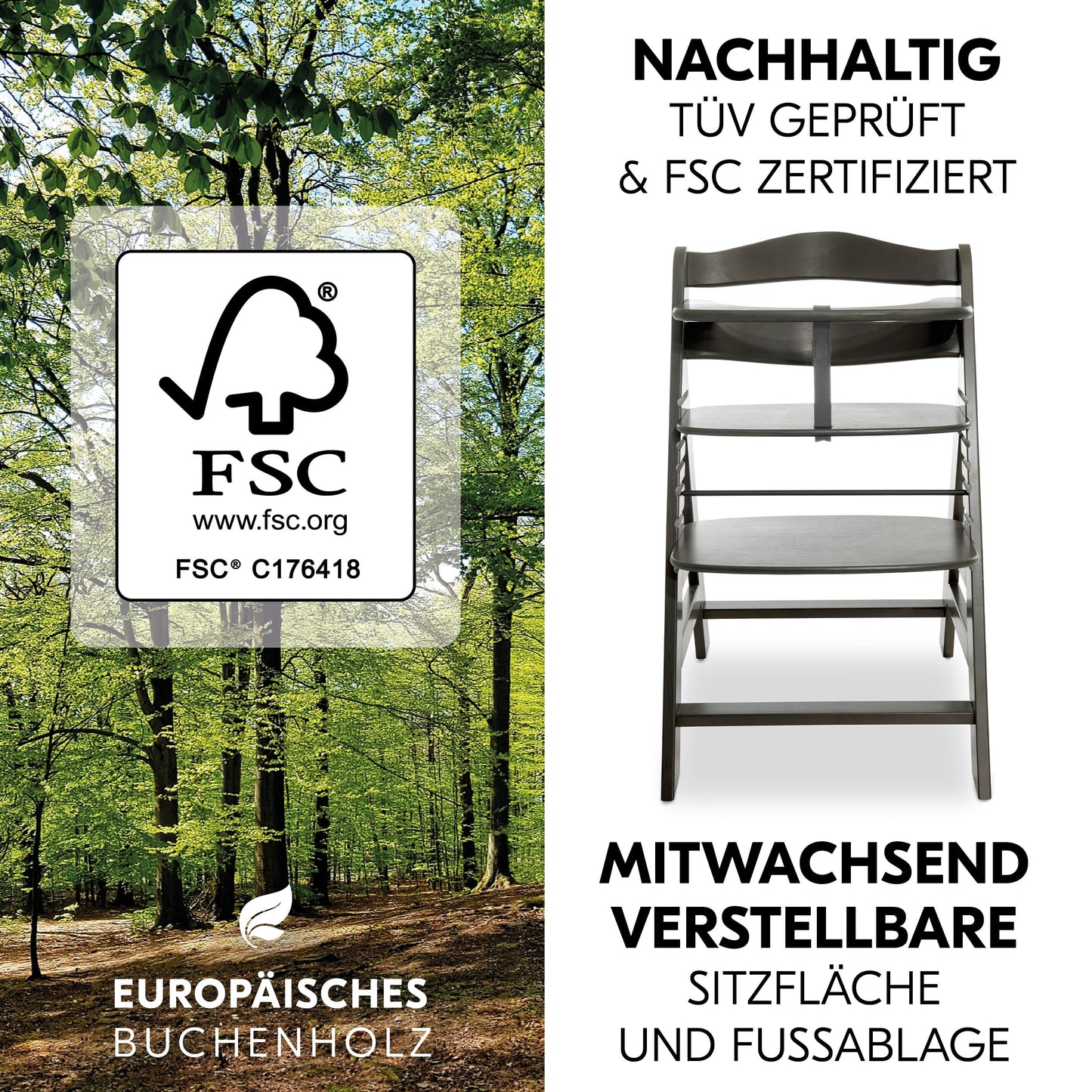hauck Hochstuhl Alpha+ inkl. Tablett & Sitzpolster - Mitwachsender Babystuhl aus Holz, Kinderhochstuhl ab 6 Monate, verstellbar - Charcoal