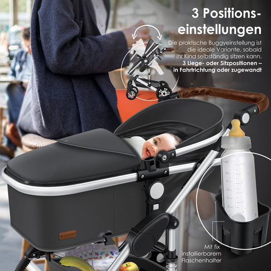 KESSER® Loops 3 in 1 Kinderwagen Kombikinderwagen Komplett-Set inkl. Babywanne & Buggy Sportsitz & Auto-Babyschale Voll-Gummireifen Wickeltasche Regenschutz Kindertisch ECE R129, Asphalt Grau/Silber