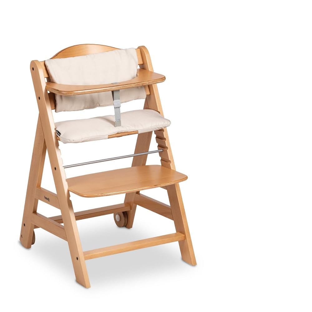 hauck Beta+, Natural - Mitwachsendes Kinderhochstuhl Set ab 6 Monaten bis 90 kg mit Rädern, Sitzkissen, Großes Essbrett, Kleiner Schutzbügel, 5 Punkt Gurt Sicherheitsgurt & Schrittgurt