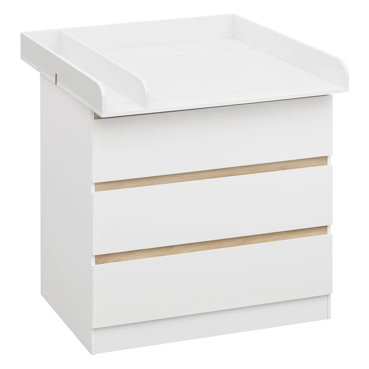 WOLTU Wickelkommode mit Wickelaufsatz, Wickeltisch, Kommode mit 3 Schubladen, Wickelaufsatz abnehmbar, mit Kippschutz, 86 cm für Lendenwirbelschutz, Weiß+Eiche
