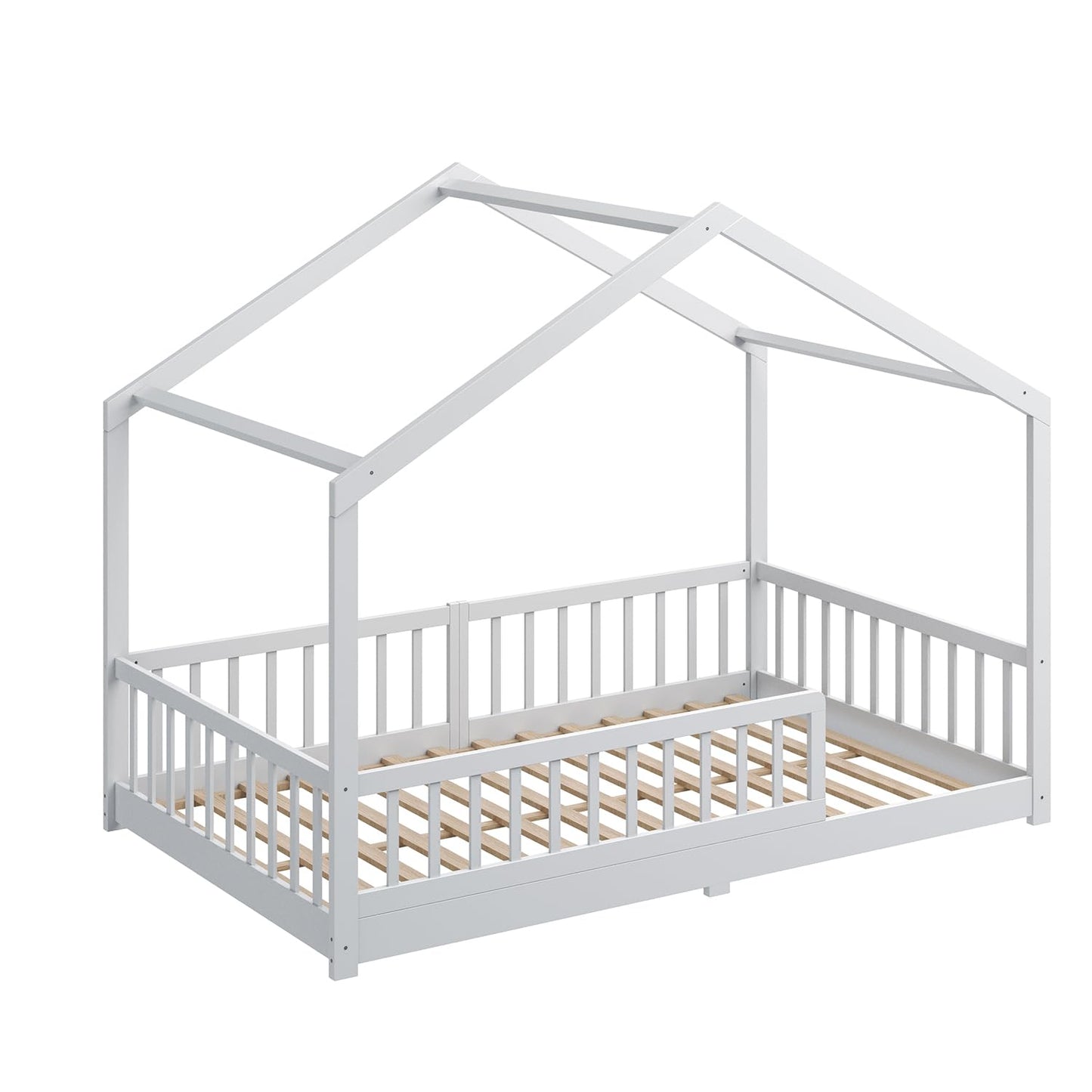 CADANI Malte Hausbett 120x200 cm Weiß, Montessori Bodenbett Rausfallschutz abnehmbar, Kinderbett Umbaubar inkl. Roll-Lattenrost, bis 200 kg belastbar