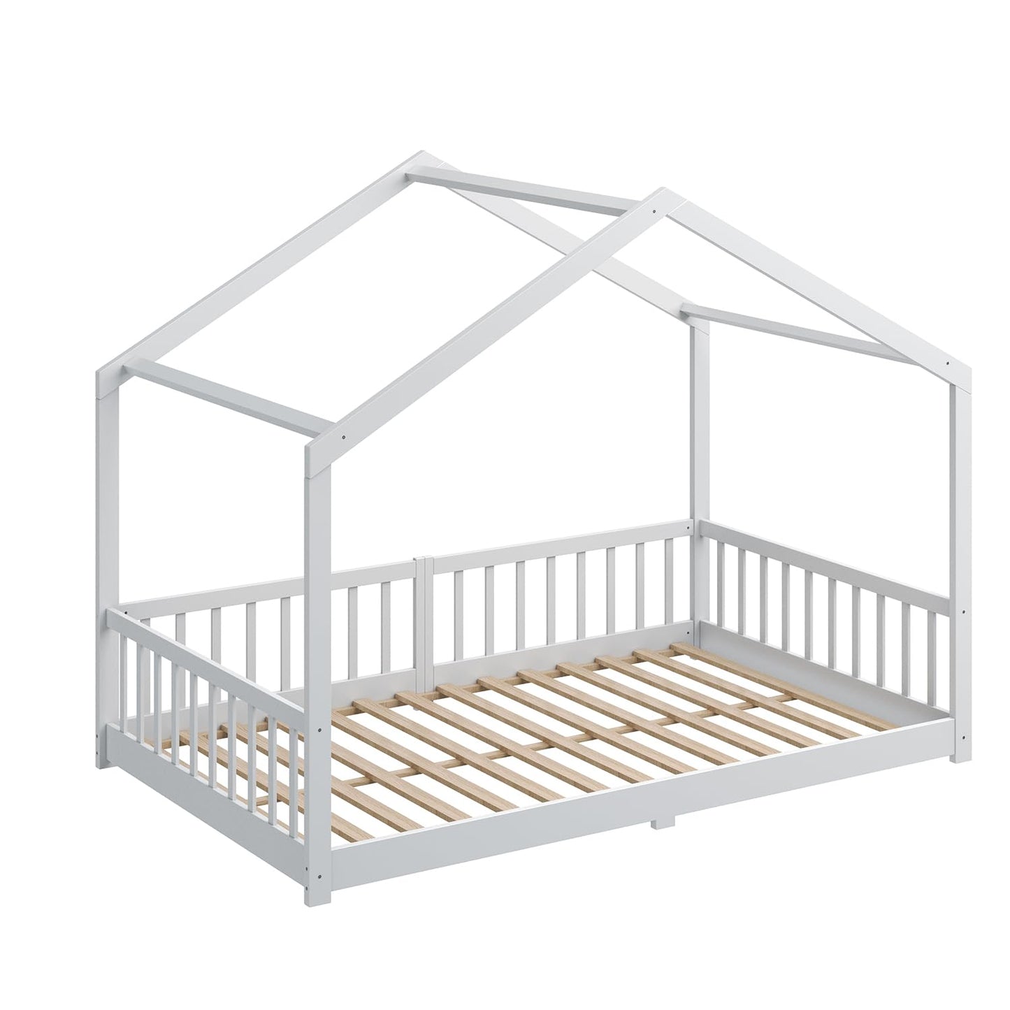 CADANI Malte Hausbett 120x200 cm Weiß, Montessori Bodenbett Rausfallschutz abnehmbar, Kinderbett Umbaubar inkl. Roll-Lattenrost, bis 200 kg belastbar