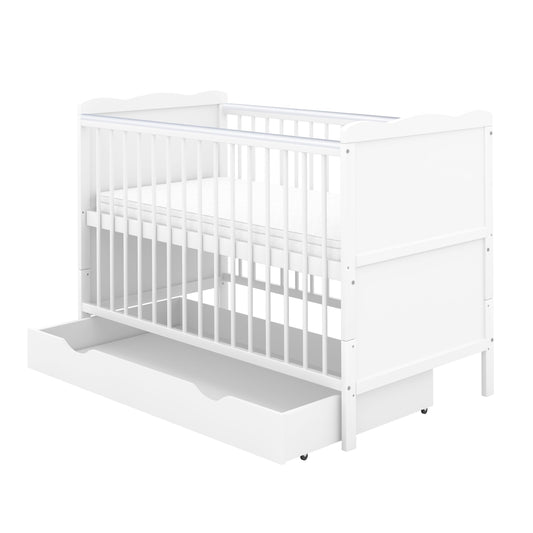 Baby Delux Babybett Kinderbett Juniorbett Jack 70x140 Weiß umbaubar mit Schublade Matratze und Beißschienen