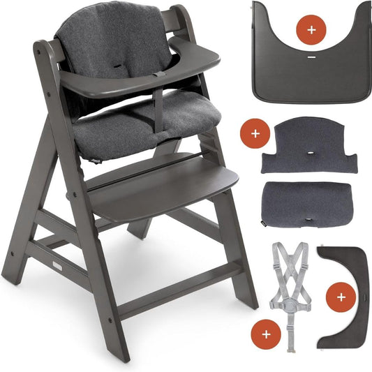 hauck Hochstuhl Alpha+ inkl. Tablett & Sitzpolster - Mitwachsender Babystuhl aus Holz, Kinderhochstuhl ab 6 Monate, verstellbar - Charcoal