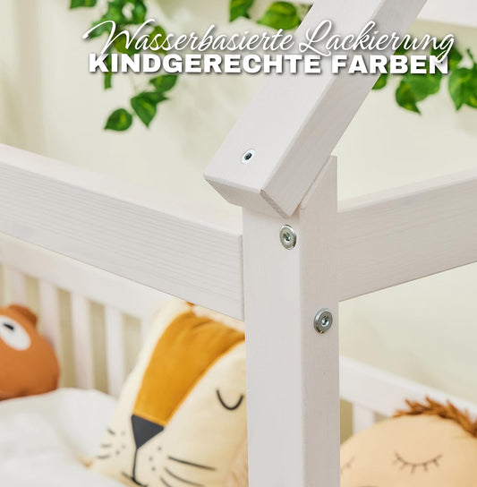 ALAVYA HOME® Hausbett 90x200 mit Schublade, Matratze und 4-TLG DEKO Set Rosa, inkl. Buchablage Rausfallschutz und Lattenrost | Massivholz der Buche FSC zertifizierter Kinderbett 90x200 - Weiß