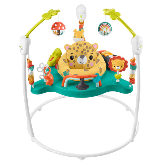 Fisher-Price Hüpf-Leopard Jumperoo - Spielcenter mit Wippe, 360 Grad Sitz, abnehmbarer Tukan, höhenverstellbar, mit Lichtern und Geräuschen, für Babys ab 6 Monaten, HND47
