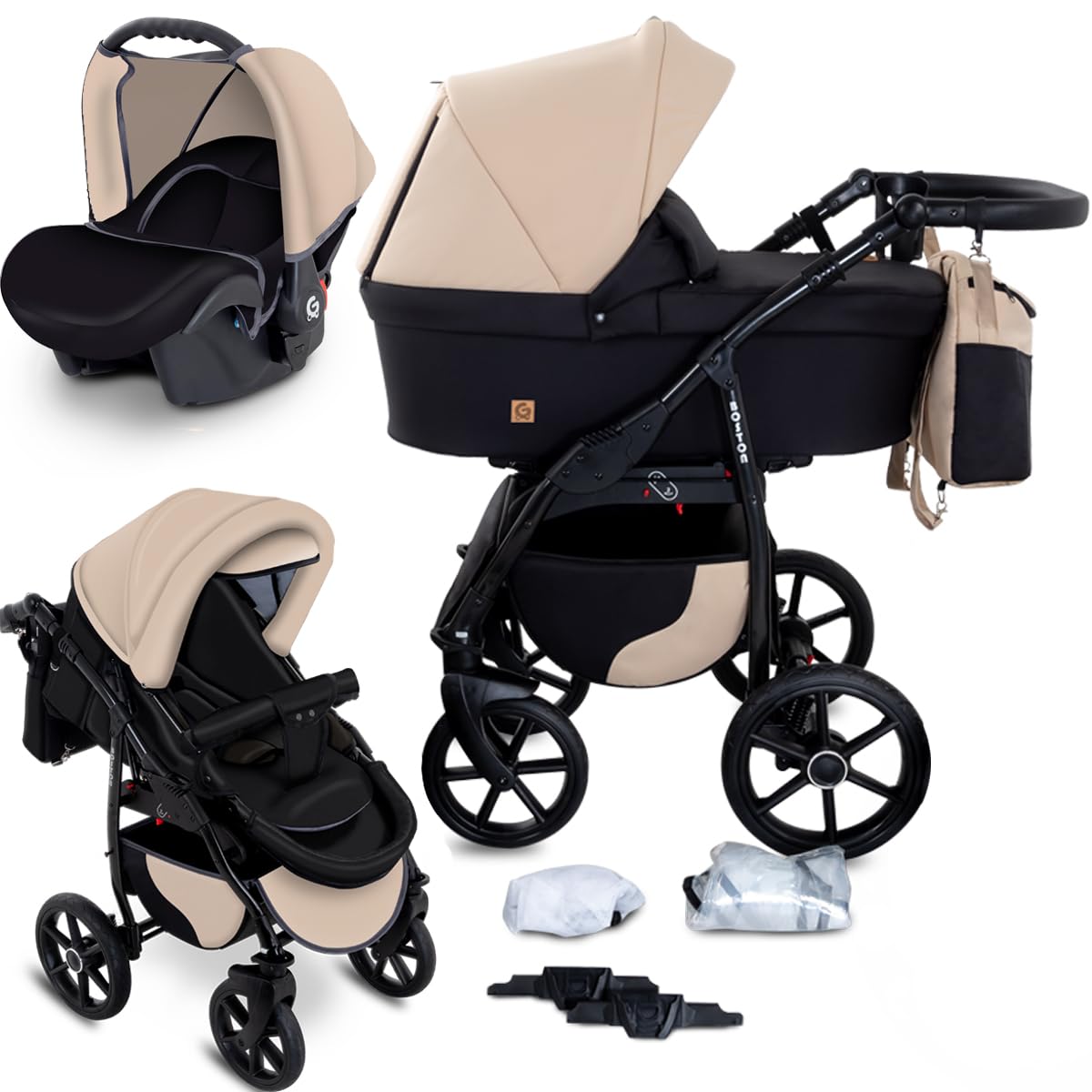 GaGaDumi Boston Kinderwagen 3 in 1 Komplettset mit Autositz - Kombikinderwagen mit großen Rädern - TÜV-zertifiziert - Baby Stroller Set - für Neugeborene und Kleinkinder Beige Schwarz