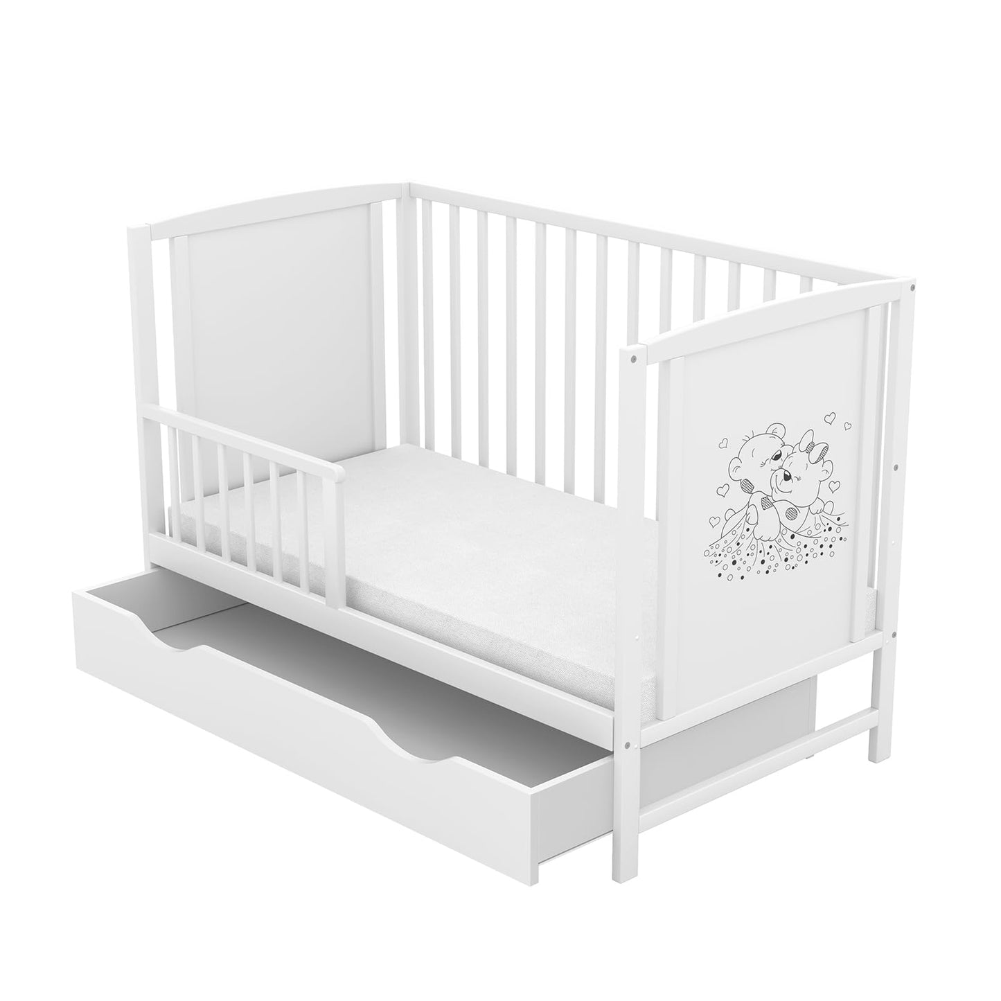 Generisch Baby Delux Babybett 60x120 Kinderbett umbaubar zum Juniorbett weiß mit Schublade und Aloe Vera Matratze höhenverstellbar mit Schlupfsprossen (Mia Schublade Schutzgitter)