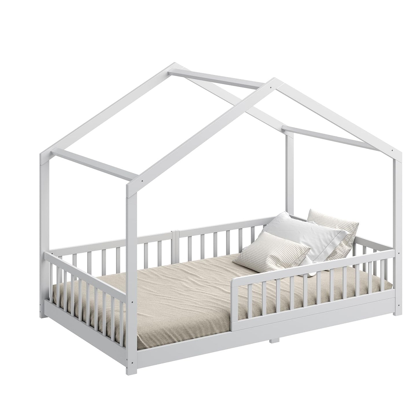 CADANI Malte Hausbett 120x200 cm Weiß, Montessori Bodenbett Rausfallschutz abnehmbar, Kinderbett Umbaubar inkl. Roll-Lattenrost, bis 200 kg belastbar