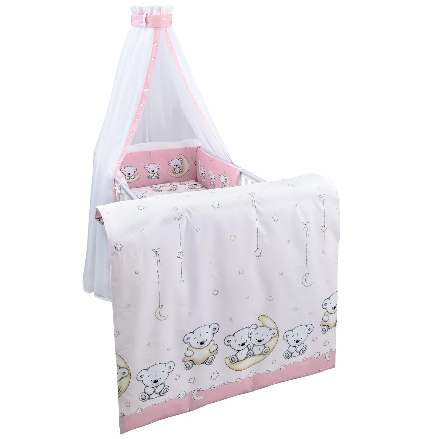 Generisch Baby Delux Babybett Komplett Set 9-TLG Kinderbett umbaubar zum Juniorbett 70x140 Matratze Jack Bettset Chiffonhimmel (Teddy Mond rosa)