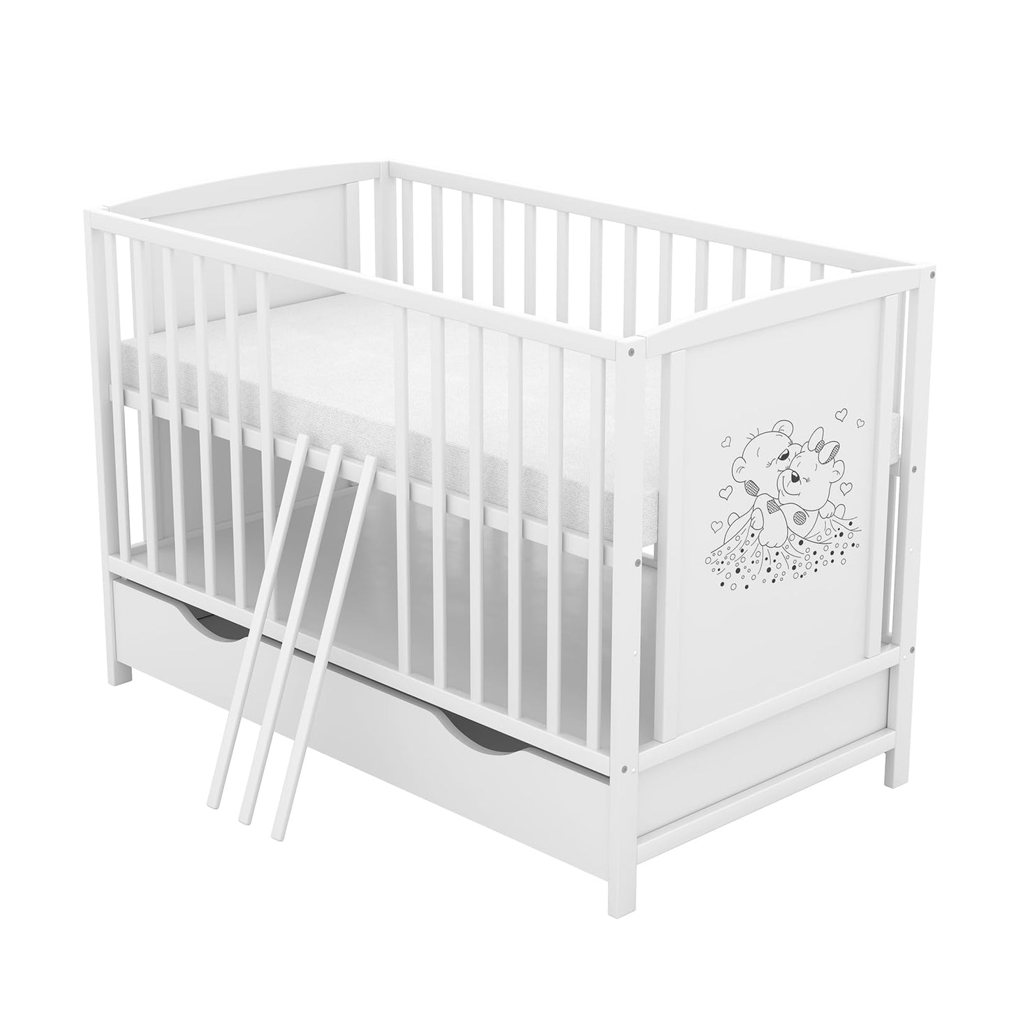 Generisch Baby Delux Babybett 60x120 Kinderbett umbaubar zum Juniorbett weiß mit Schublade und Aloe Vera Matratze höhenverstellbar mit Schlupfsprossen (Mia Schublade Schutzgitter)