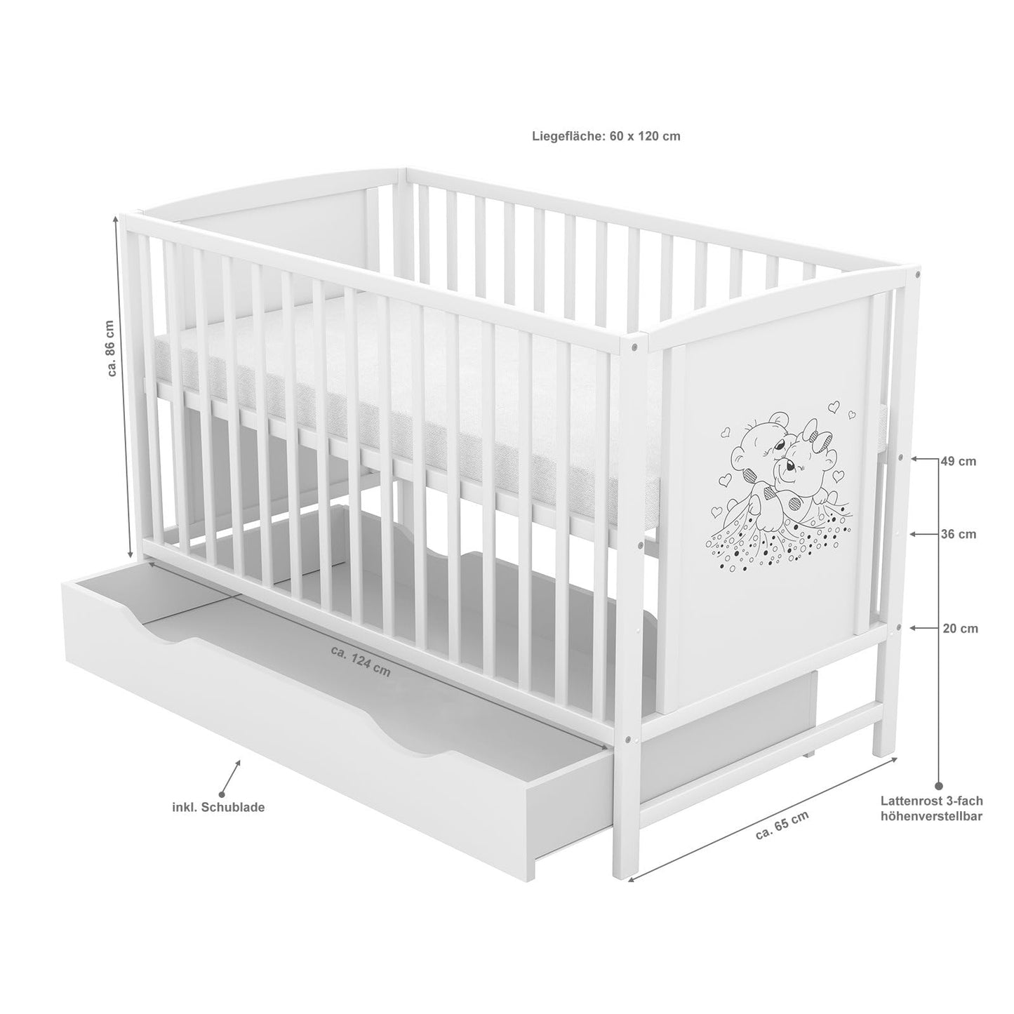 Generisch Baby Delux Babybett 60x120 Kinderbett umbaubar zum Juniorbett weiß mit Schublade und Aloe Vera Matratze höhenverstellbar mit Schlupfsprossen (Mia Schublade Schutzgitter)