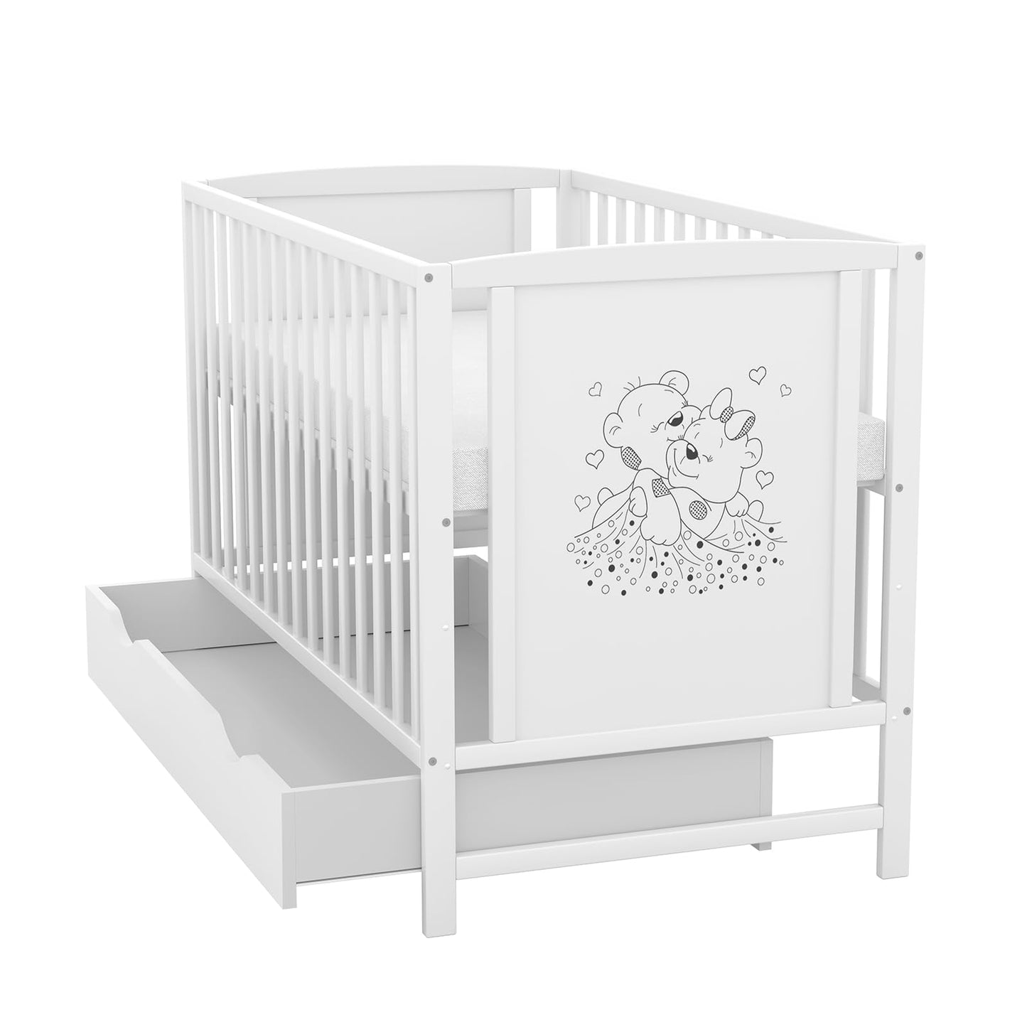 Generisch Baby Delux Babybett 60x120 Kinderbett umbaubar zum Juniorbett weiß mit Schublade und Aloe Vera Matratze höhenverstellbar mit Schlupfsprossen (Mia Schublade Schutzgitter)